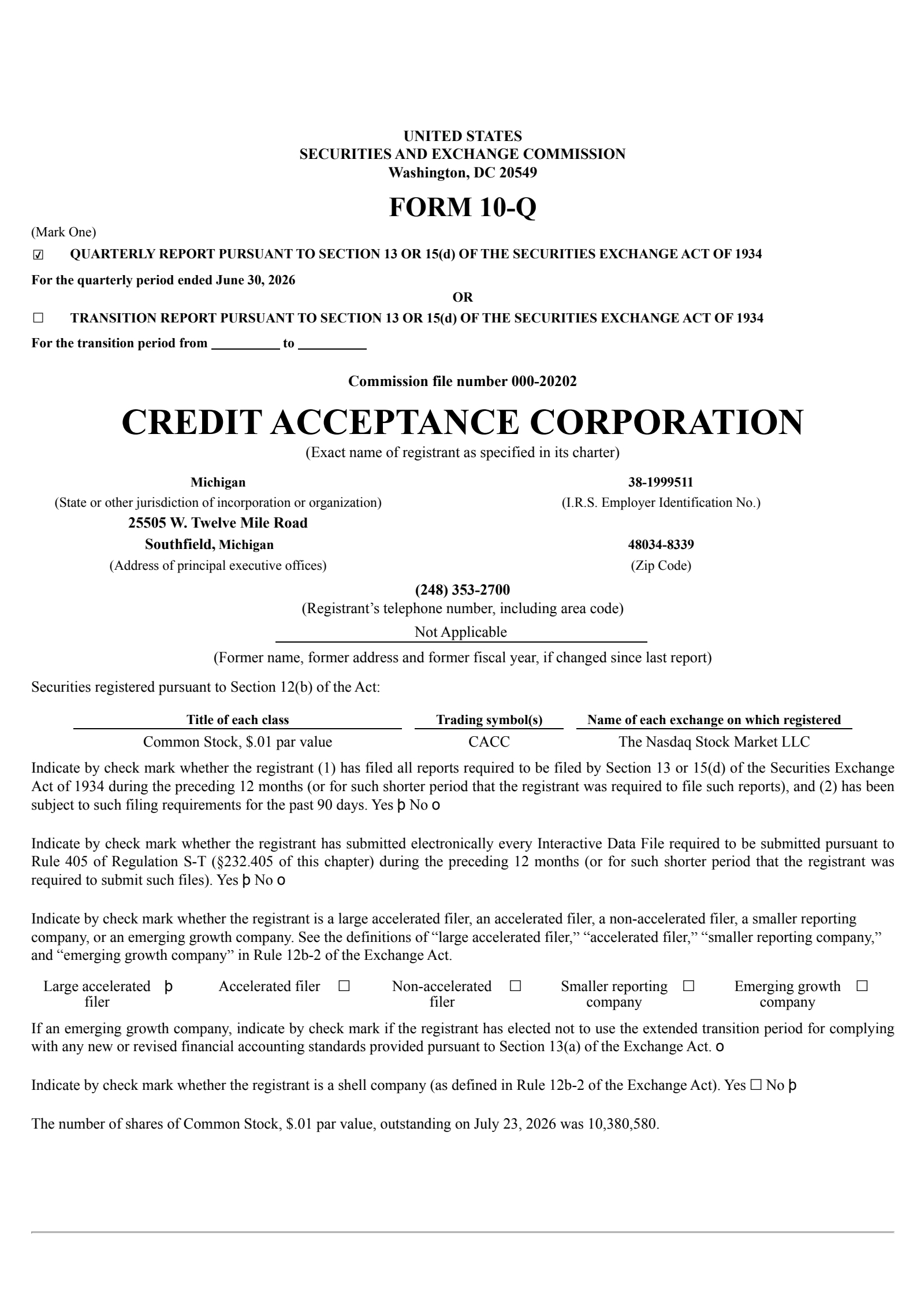 Credit Acceptance's Q2 2026 Quarterly report