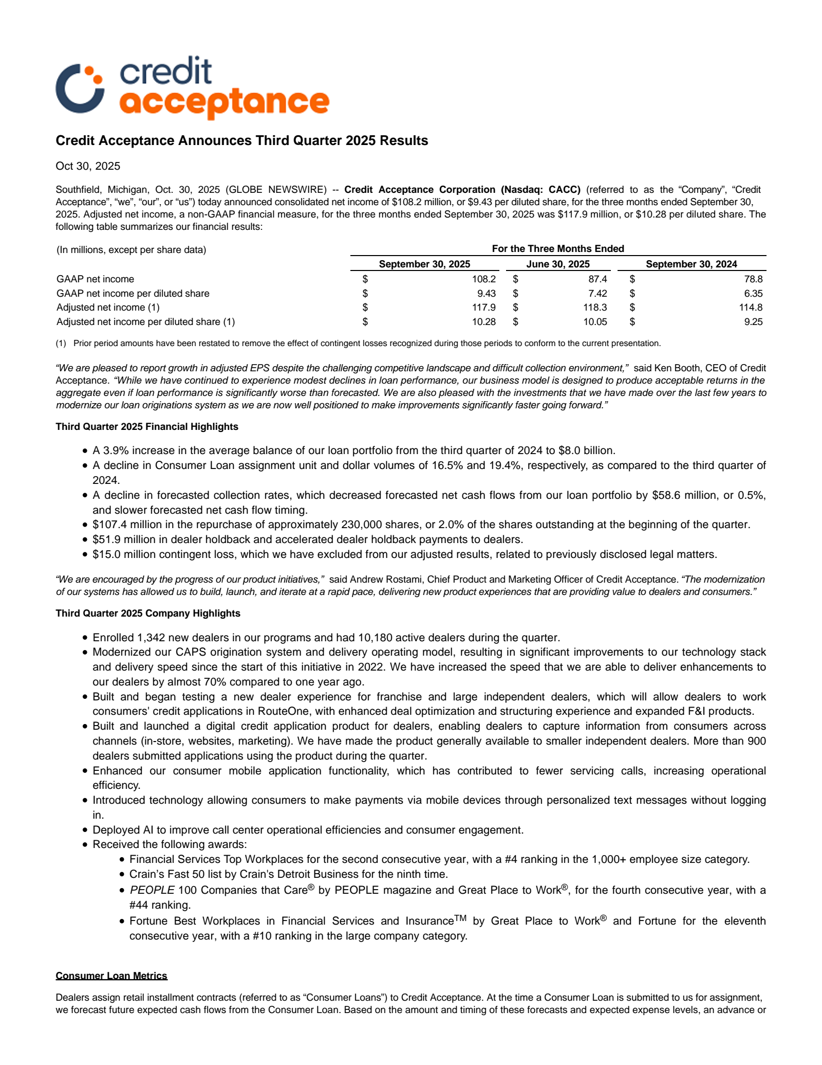 Credit Acceptance's Q3 2025 Earnings Release
