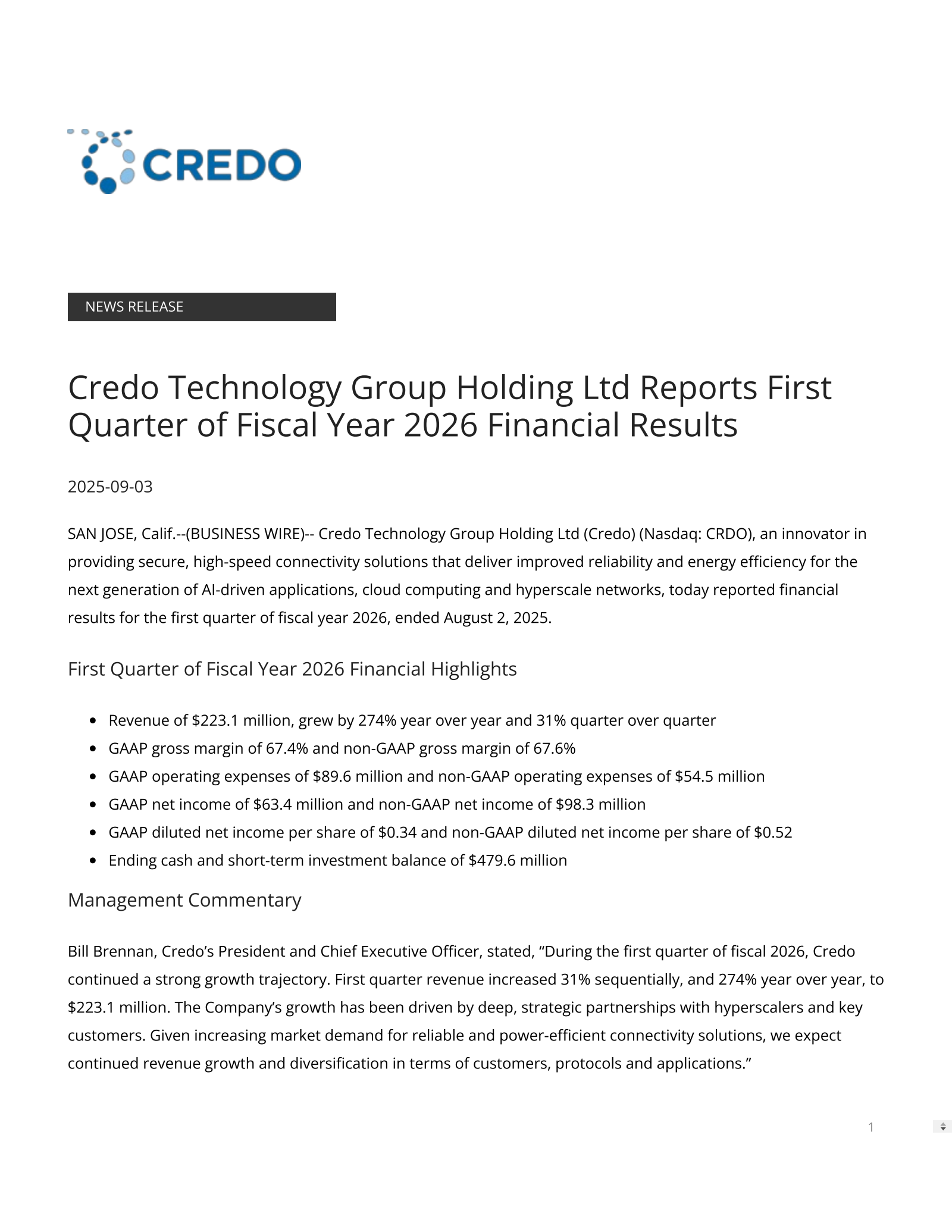 Credo Technology Group's Q1 2026 Press Release