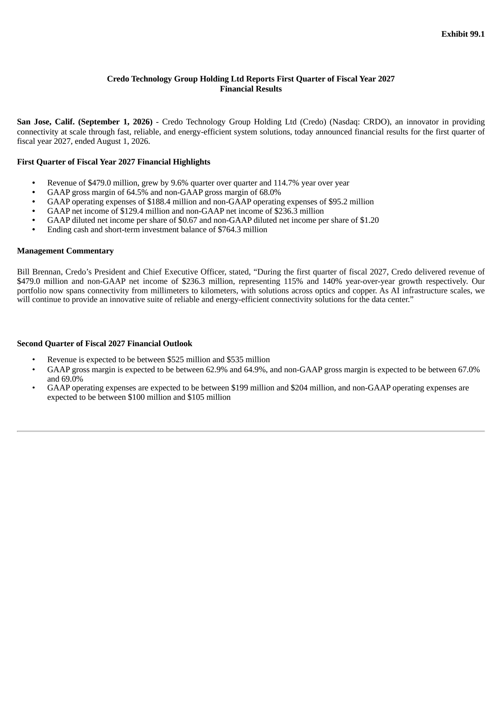 Credo Technology Group's Q1 2027 Press Release