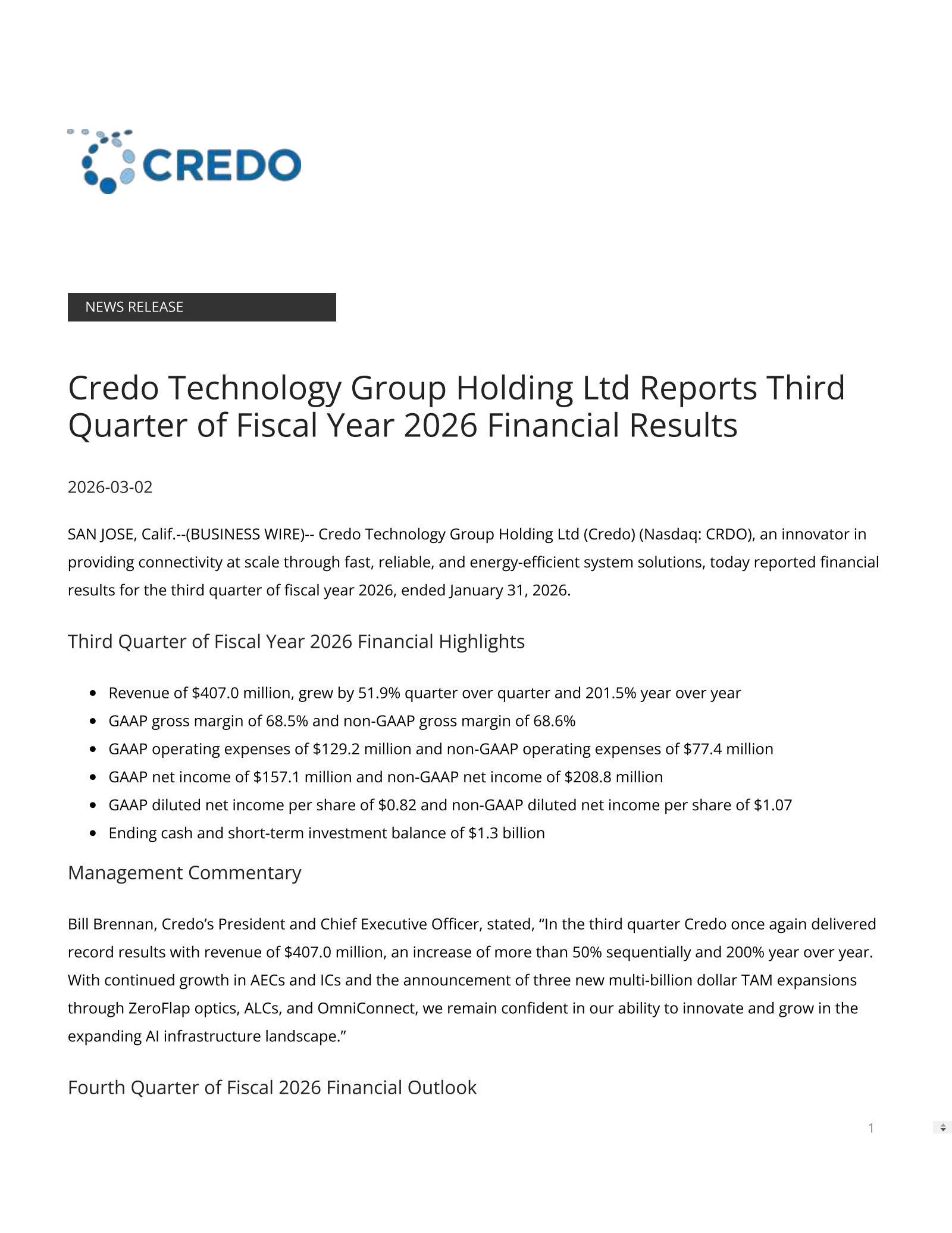 Credo Technology Group's Q3 2026 Press Release