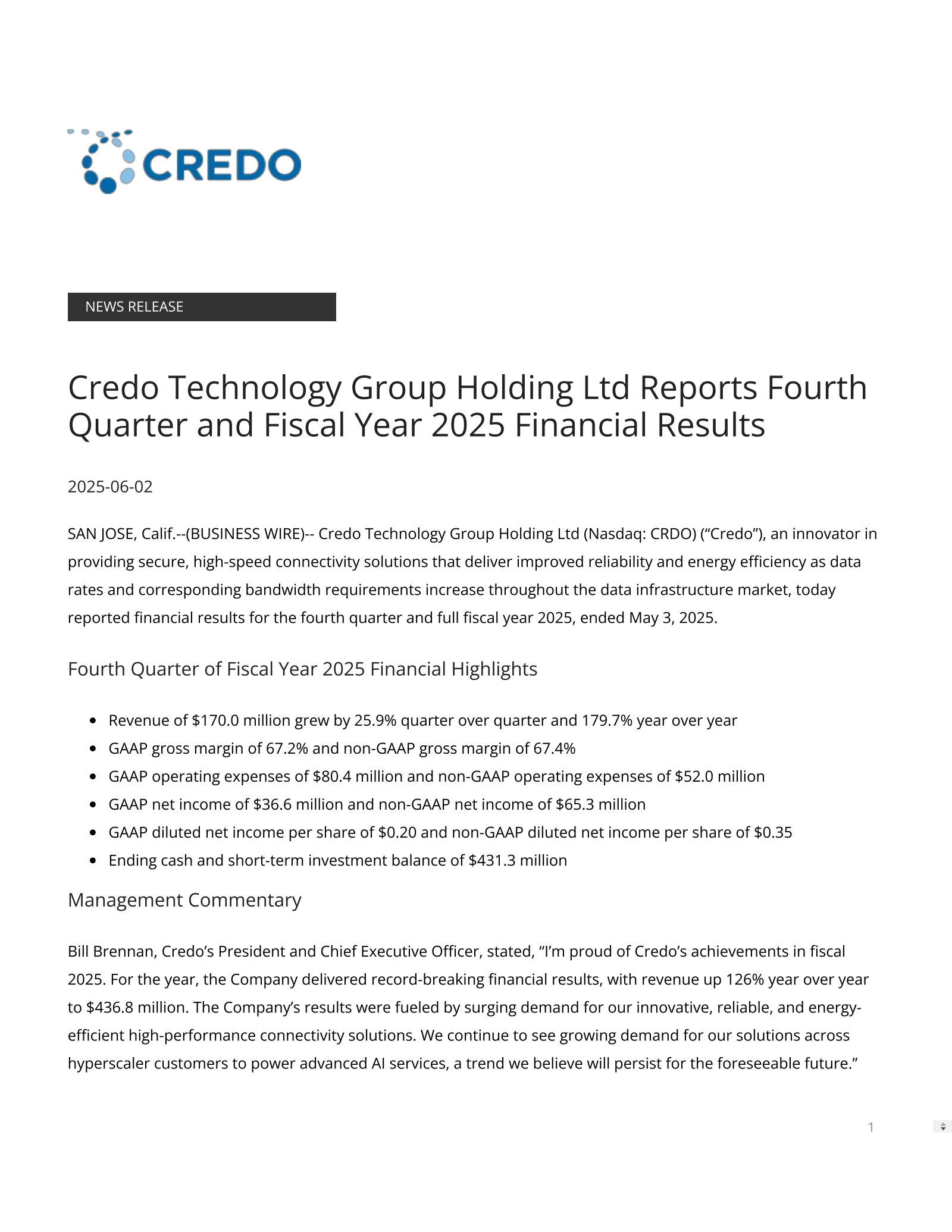 Credo Technology Group's Q4 2025 Press Release
