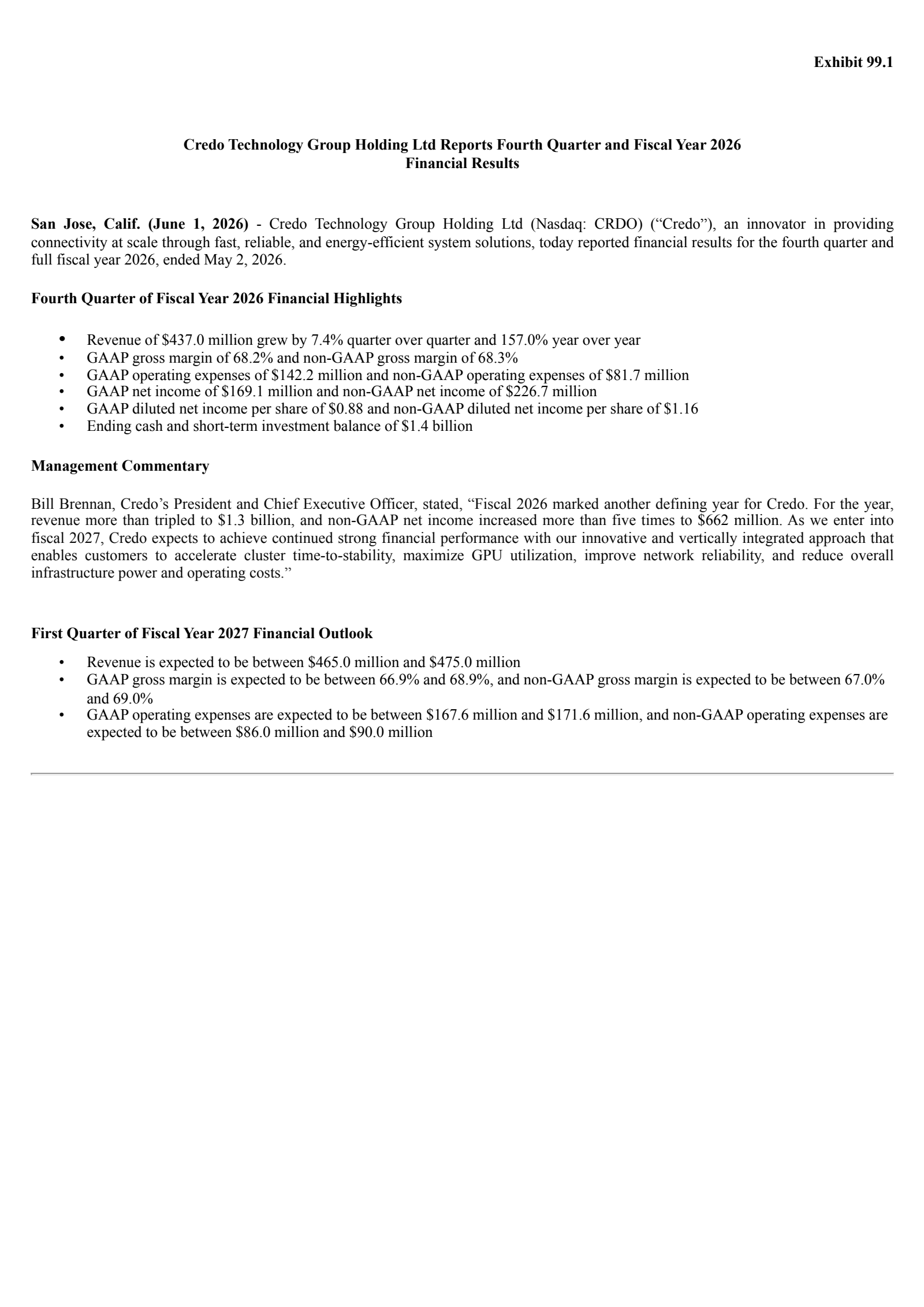 Credo Technology Group's Q4 2026 Press Release