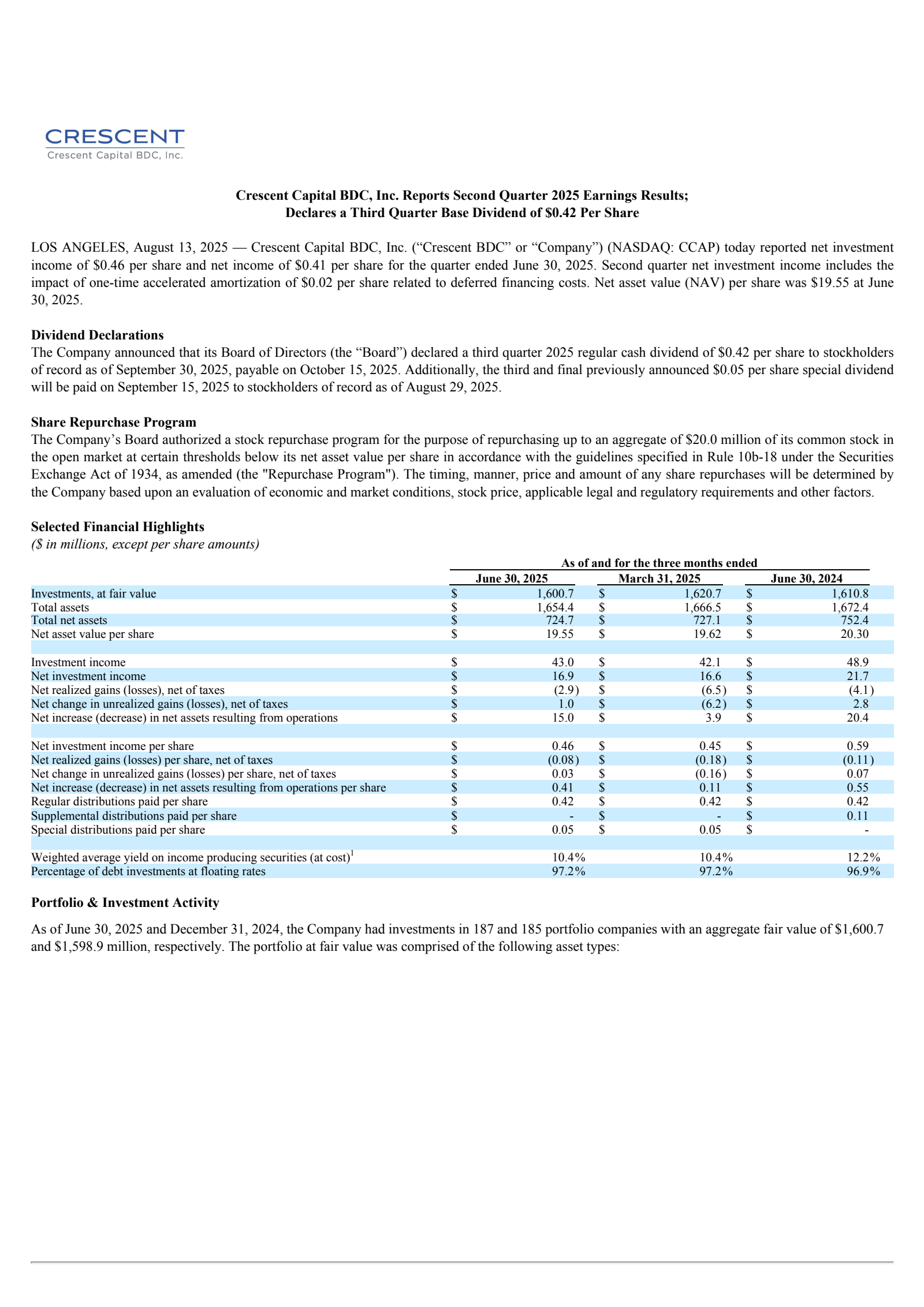 Crescent Capital BDC's Q2 2025 Press Release