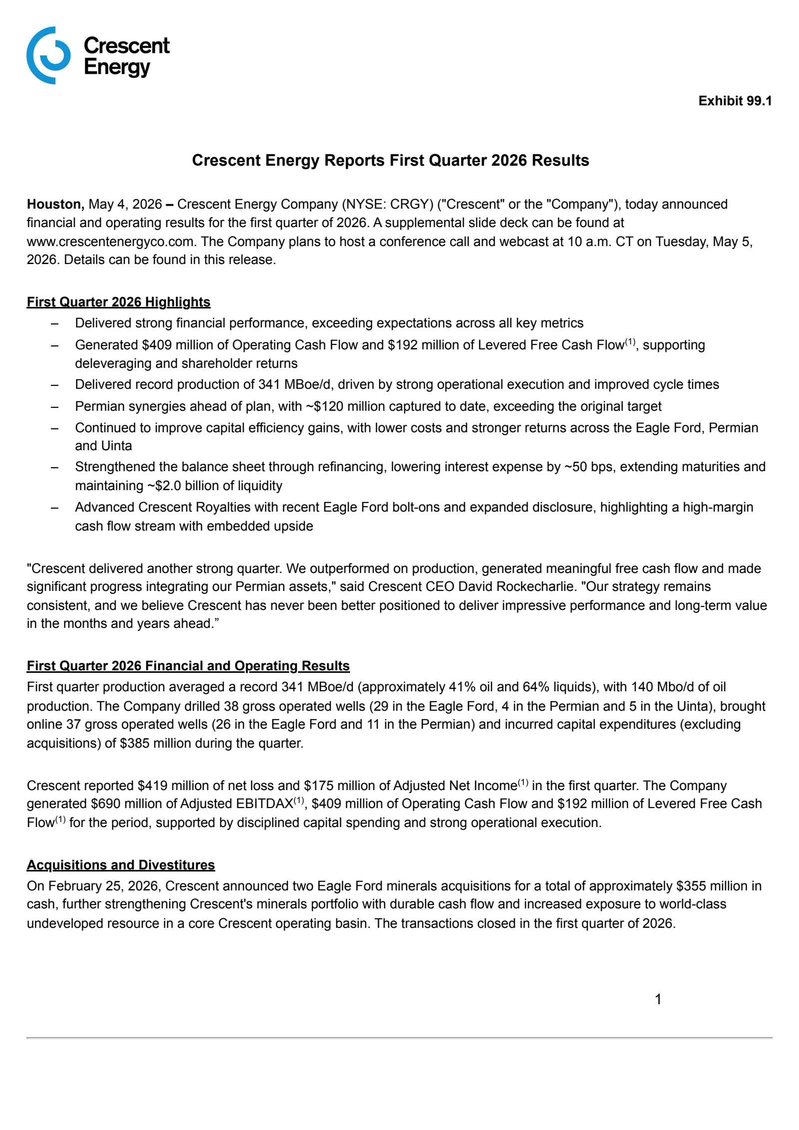Crescent Energy's Q1 2026 Press Release