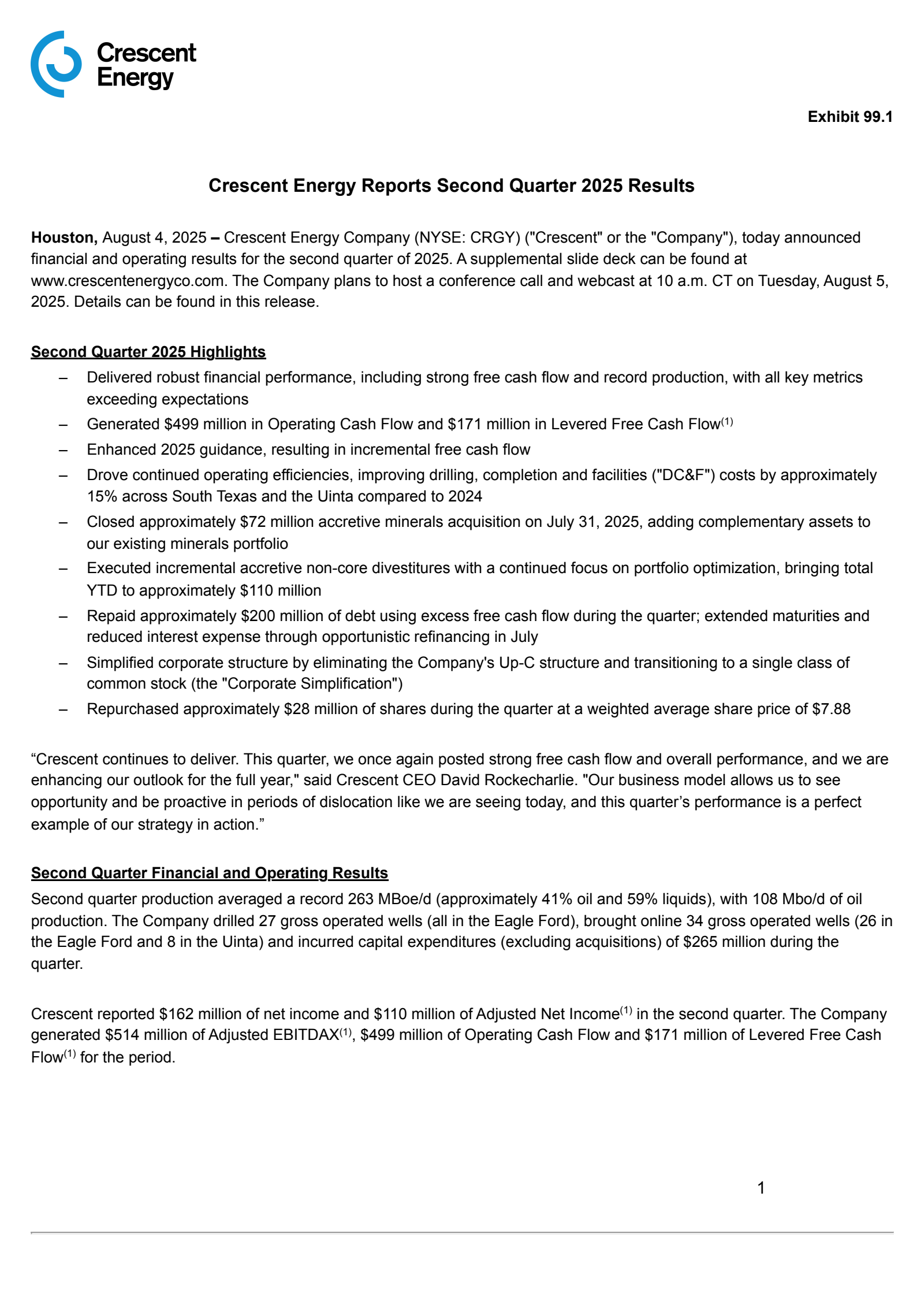 Crescent Energy's Q2 2025 Press Release