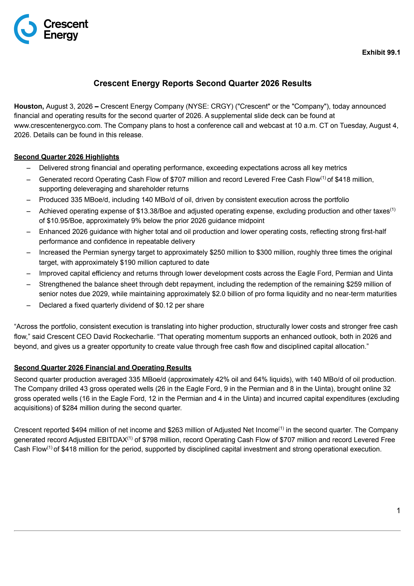 Crescent Energy's Q2 2026 Press Release