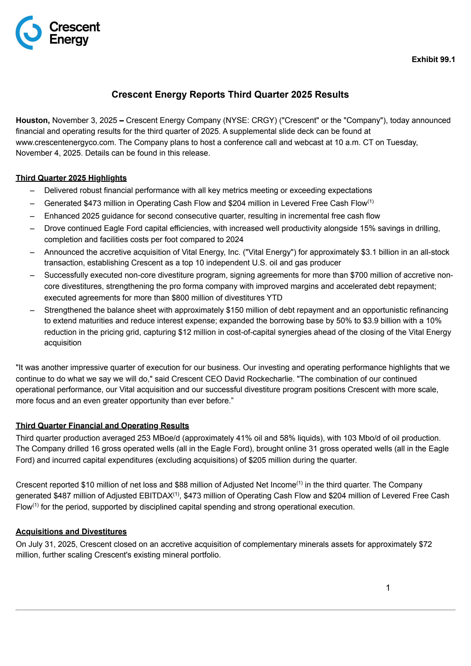 Crescent Energy's Q3 2025 Earnings Release