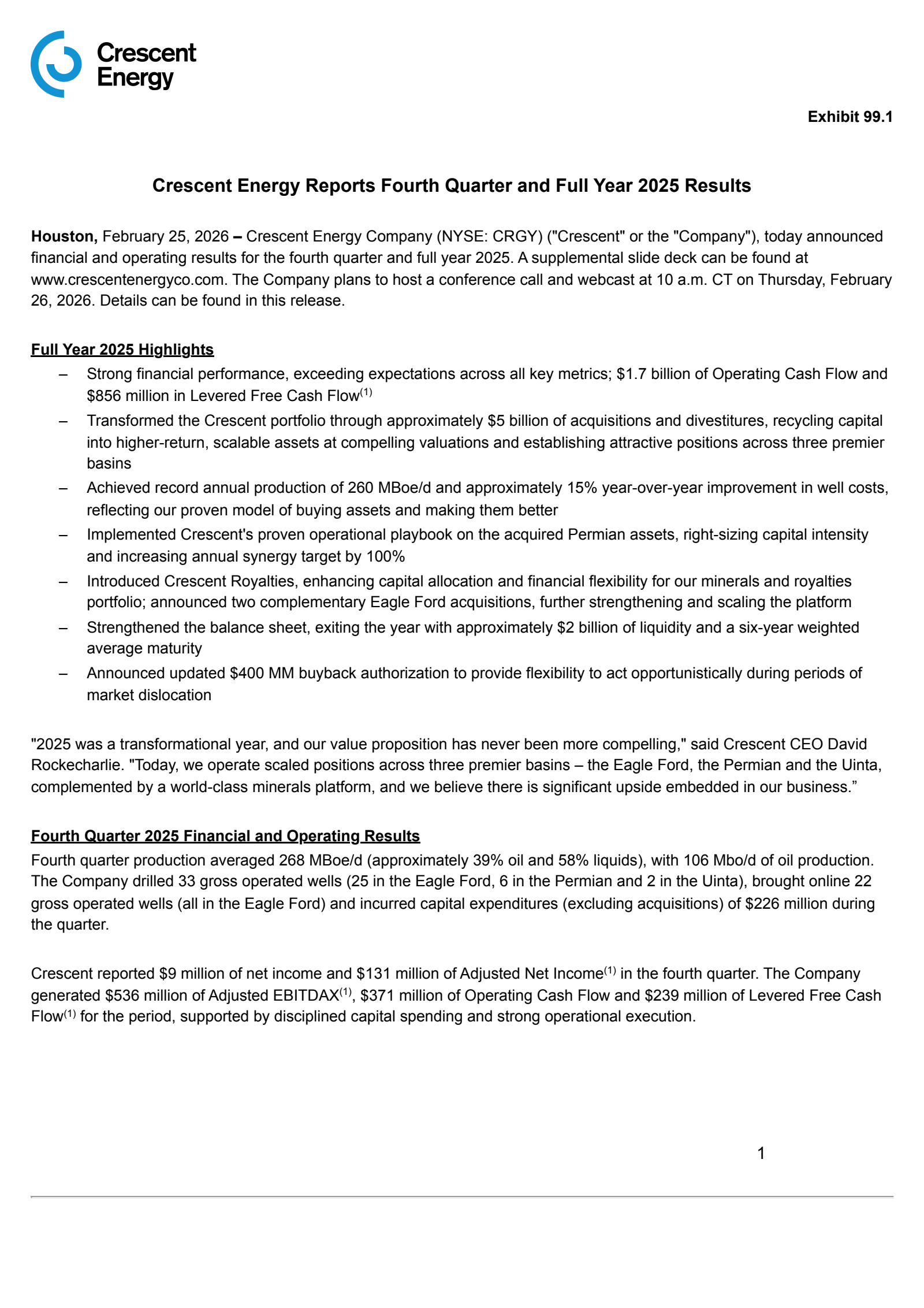 Crescent Energy's Q4 2025 Press Release