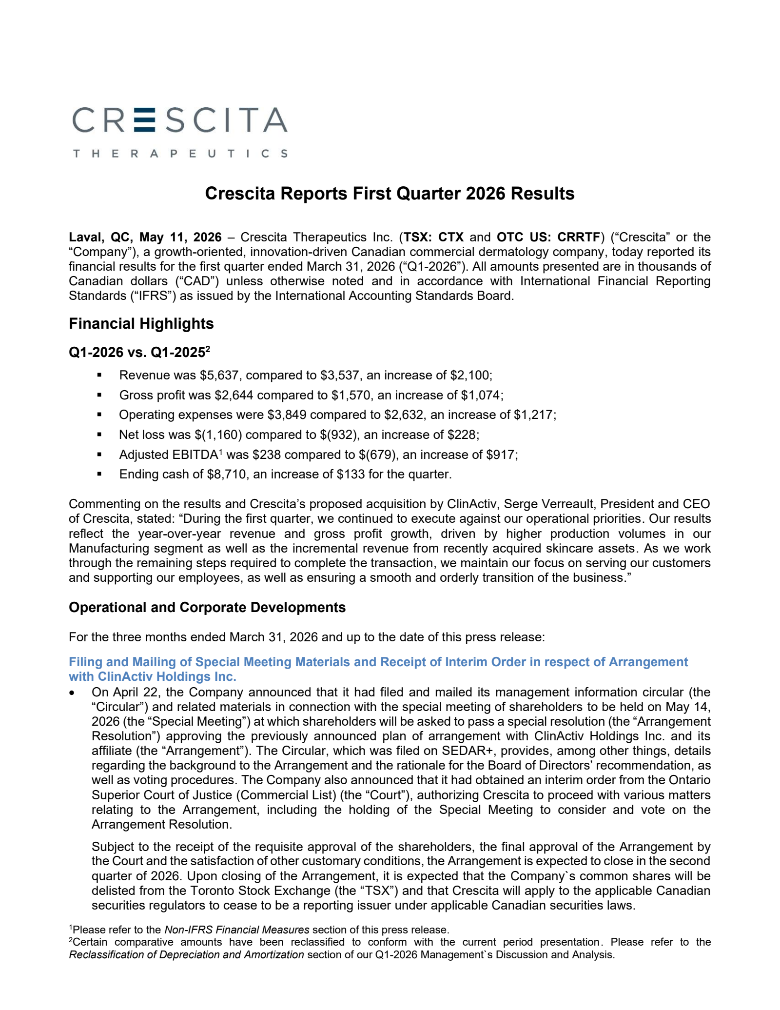 Crescita Therapeutics' Q1 2026 Press Release