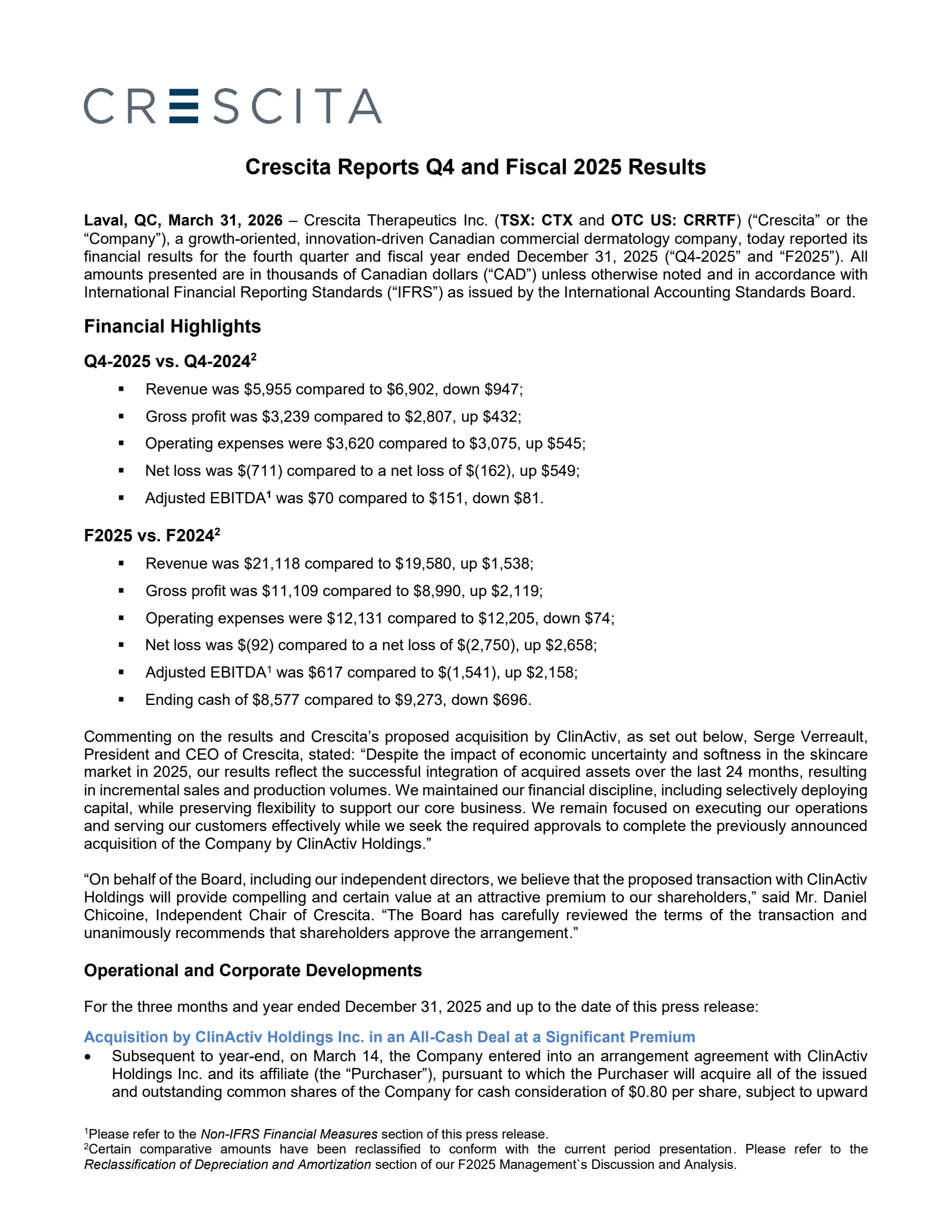 Crescita Therapeutics' Q4 2025 Press Release