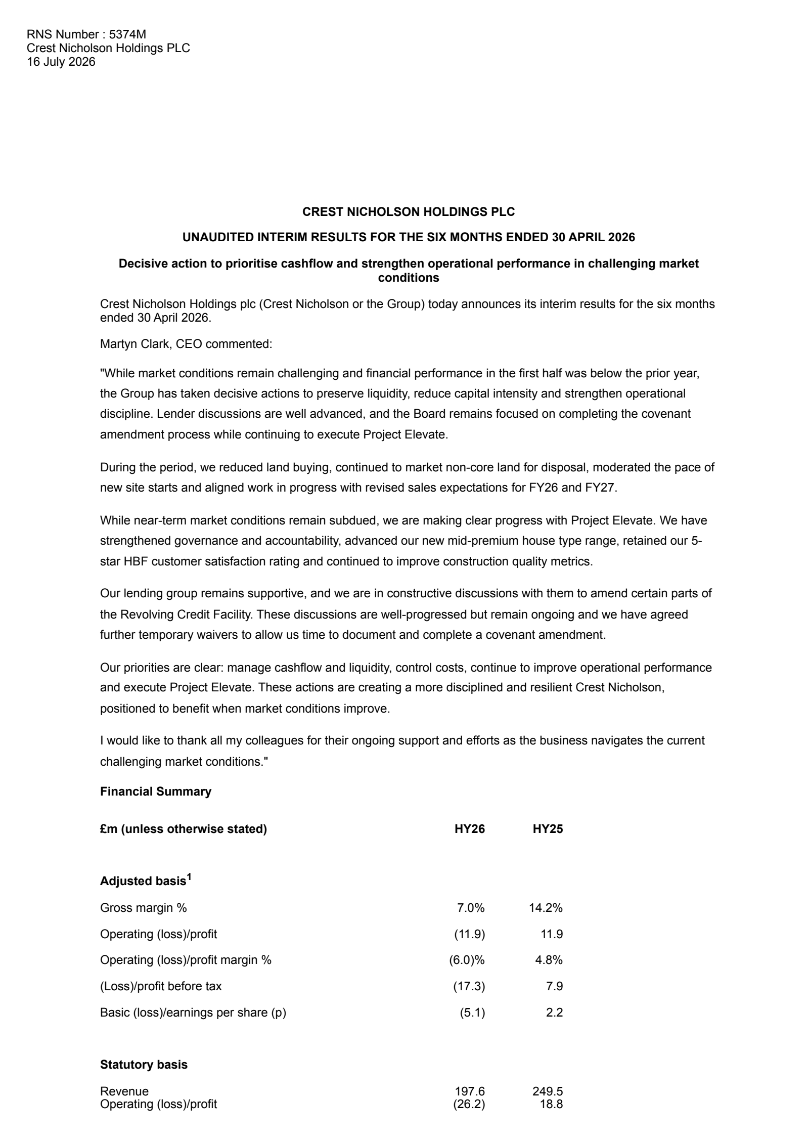 Crest Nicholson's H1 2026 Interim report