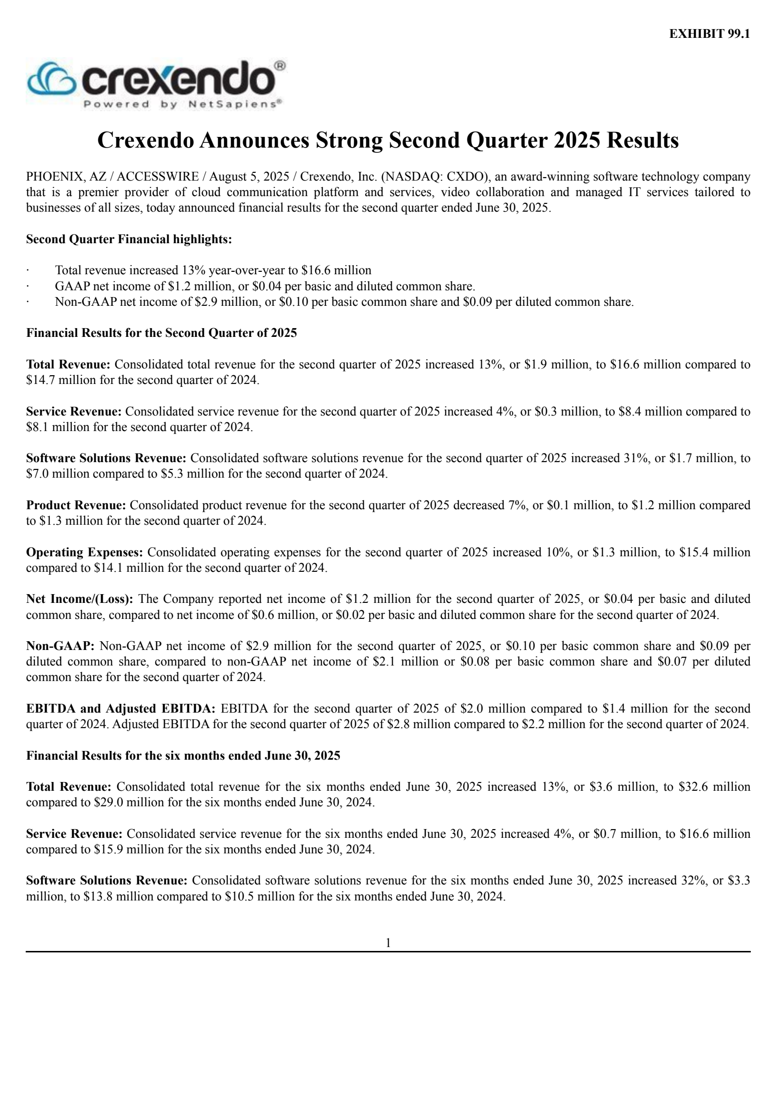 Crexendo's Q2 2025 Press Release