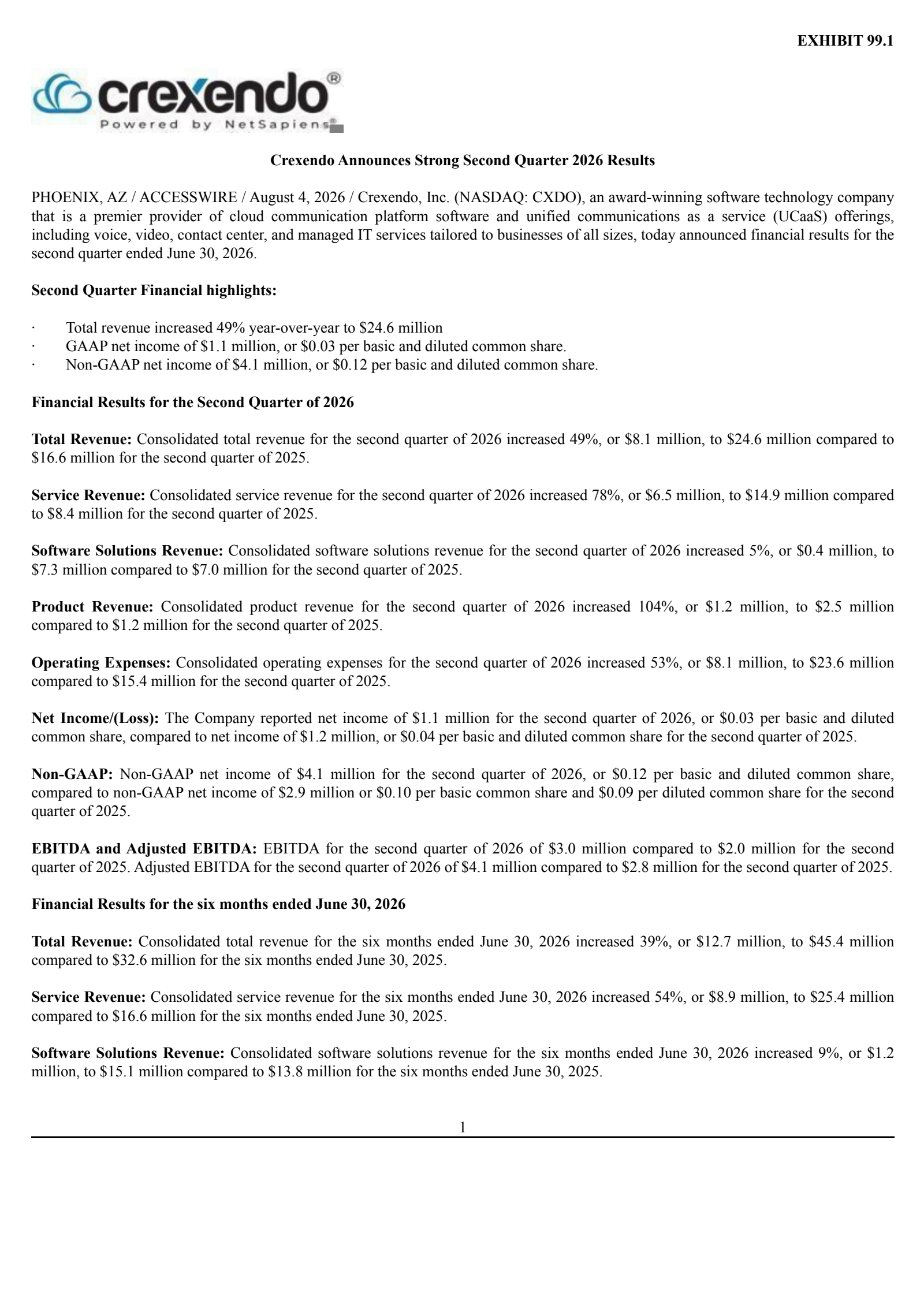 Crexendo's Q2 2026 Press Release