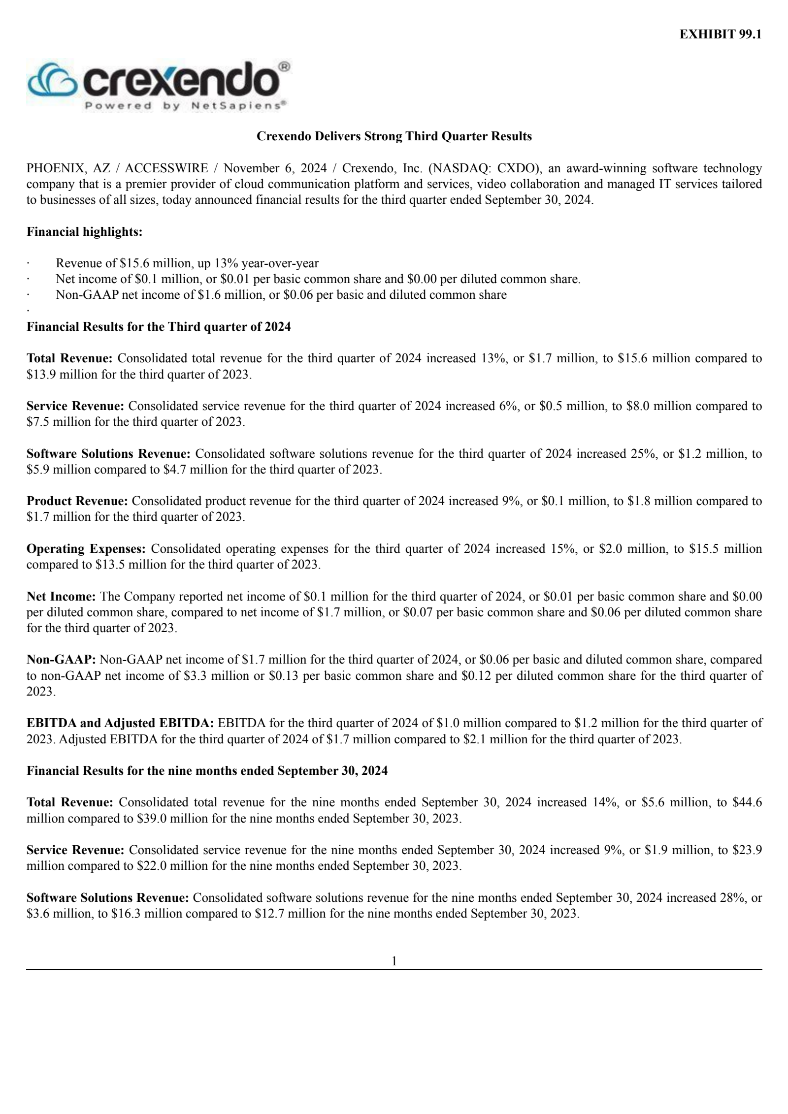 Crexendo's Q3 2024 Press Release