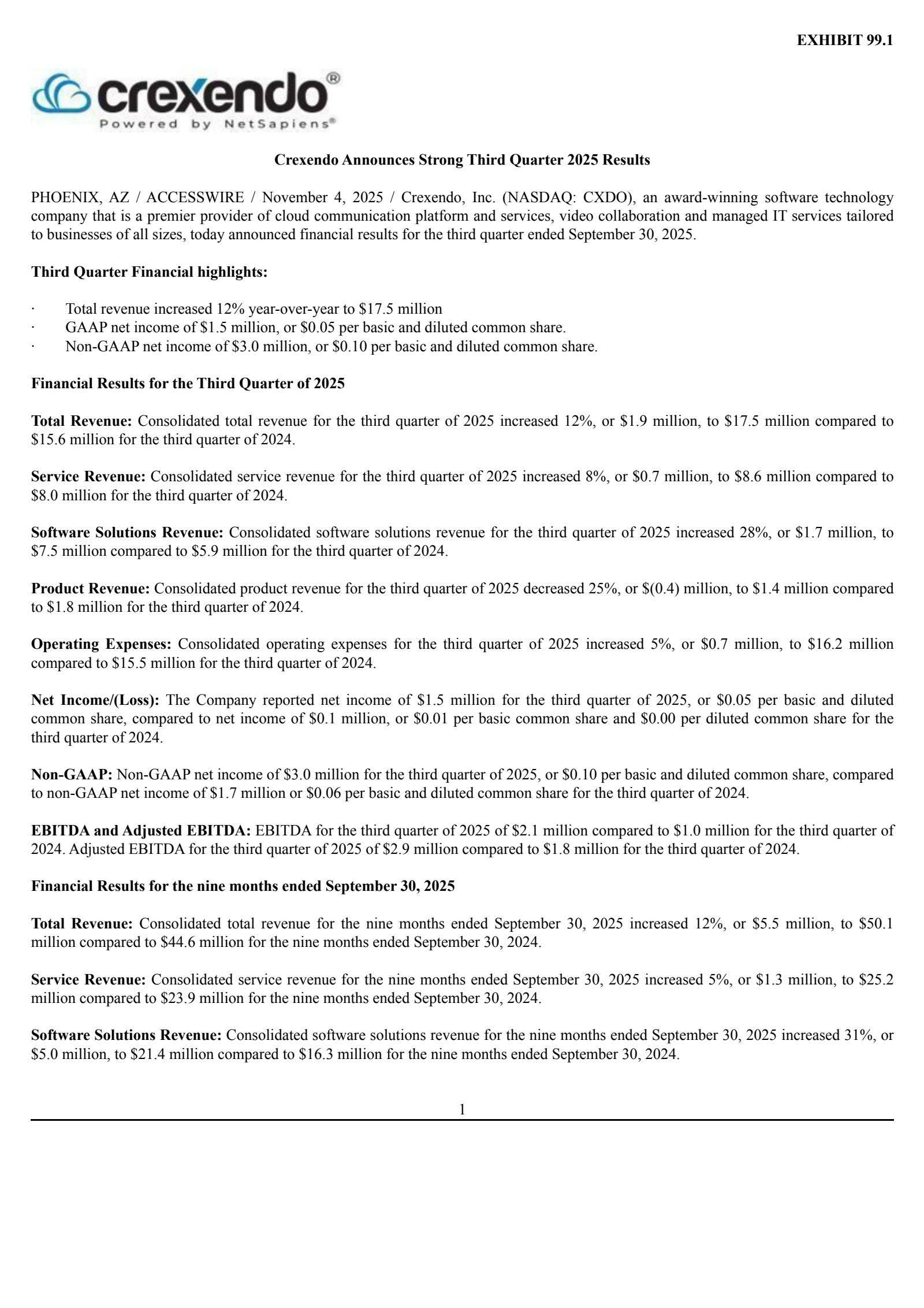 Crexendo's Q3 2025 Earnings Release