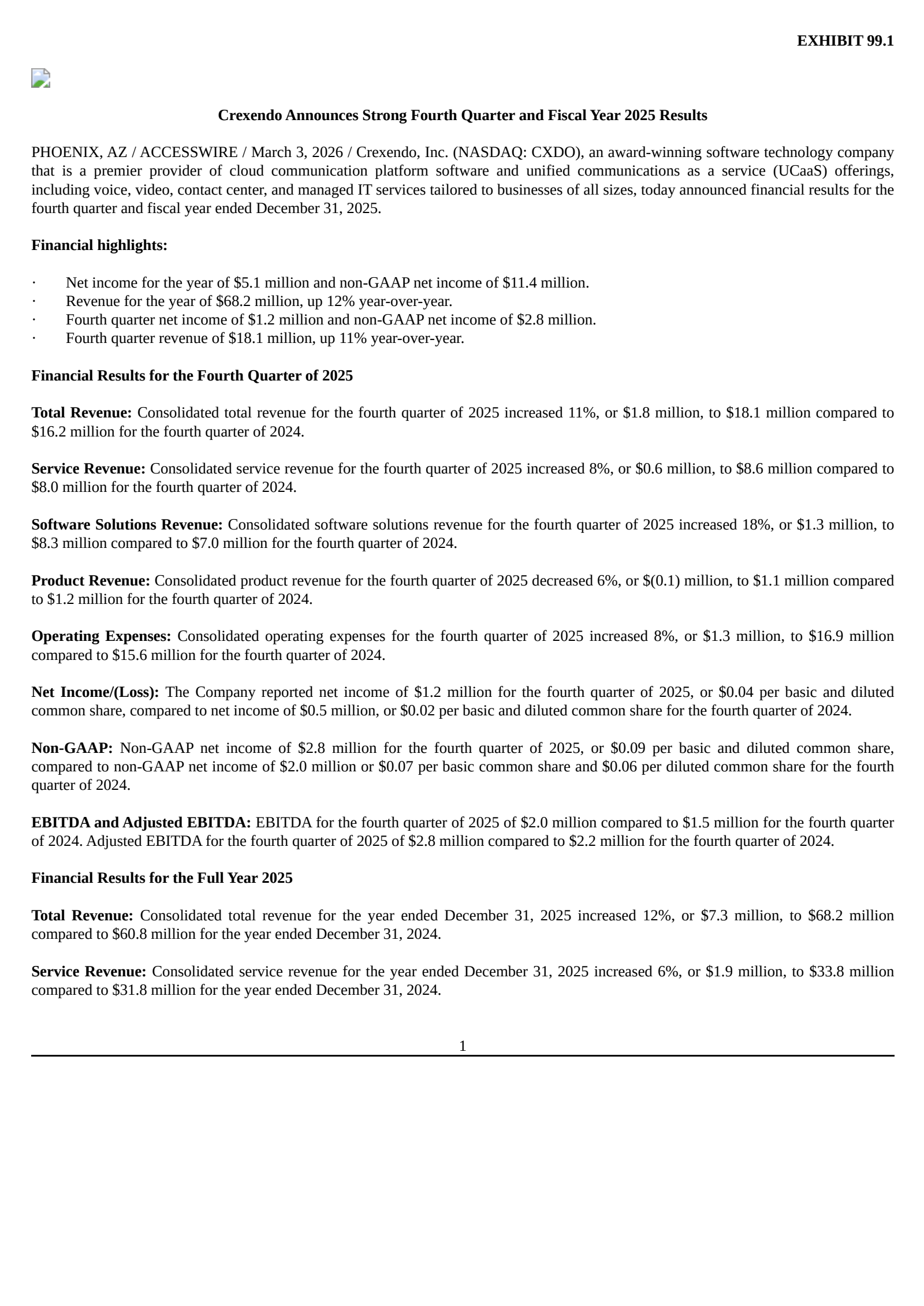 Crexendo's Q4 2025 Press Release