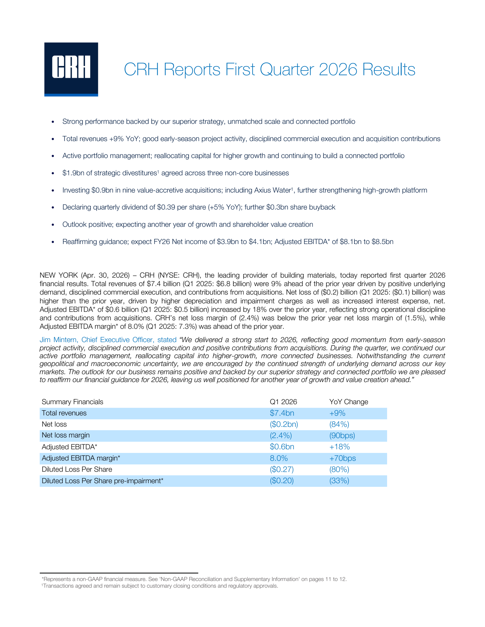 CRH's Q1 2026 Press Release