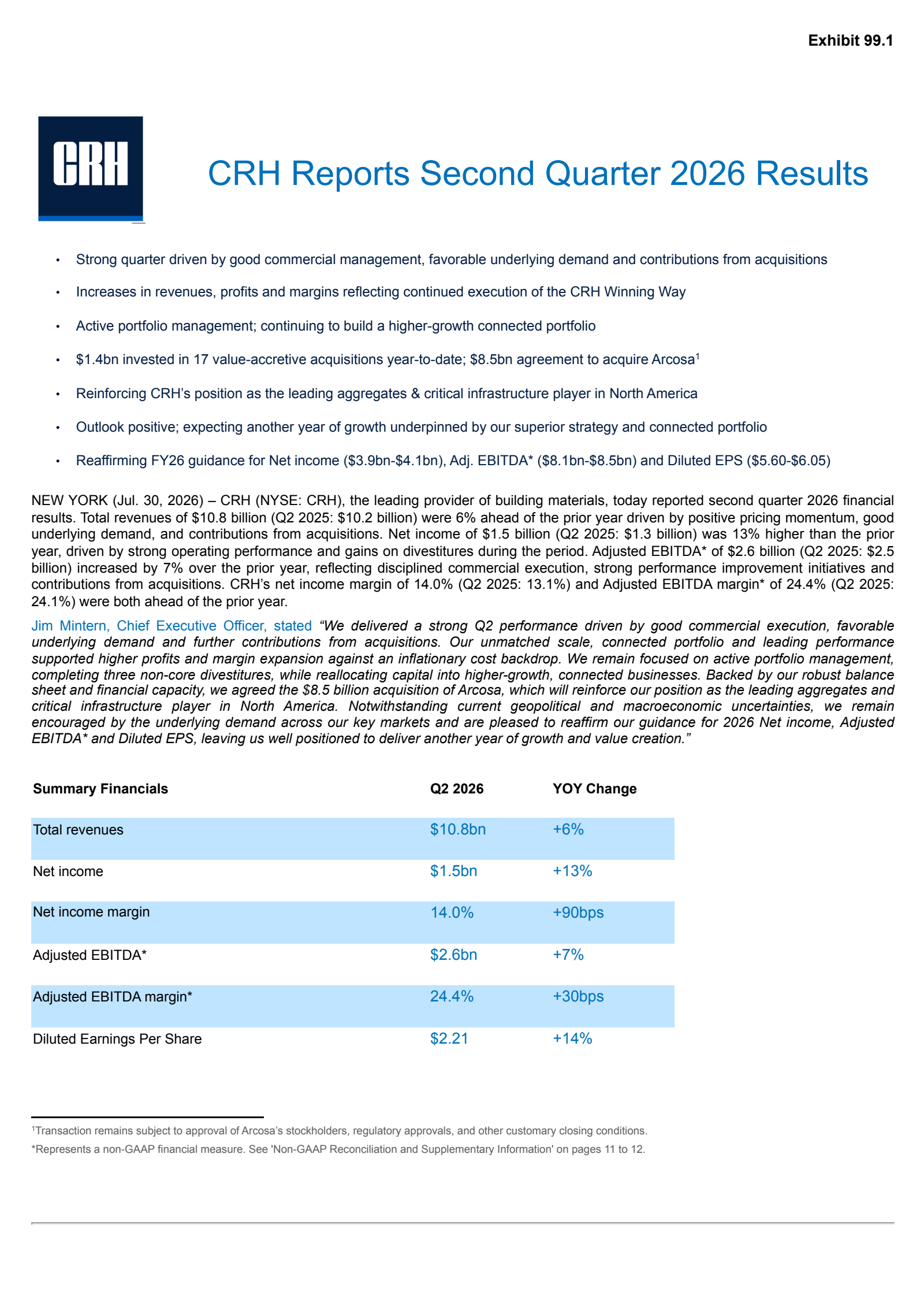 CRH's Q2 2026 Press Release