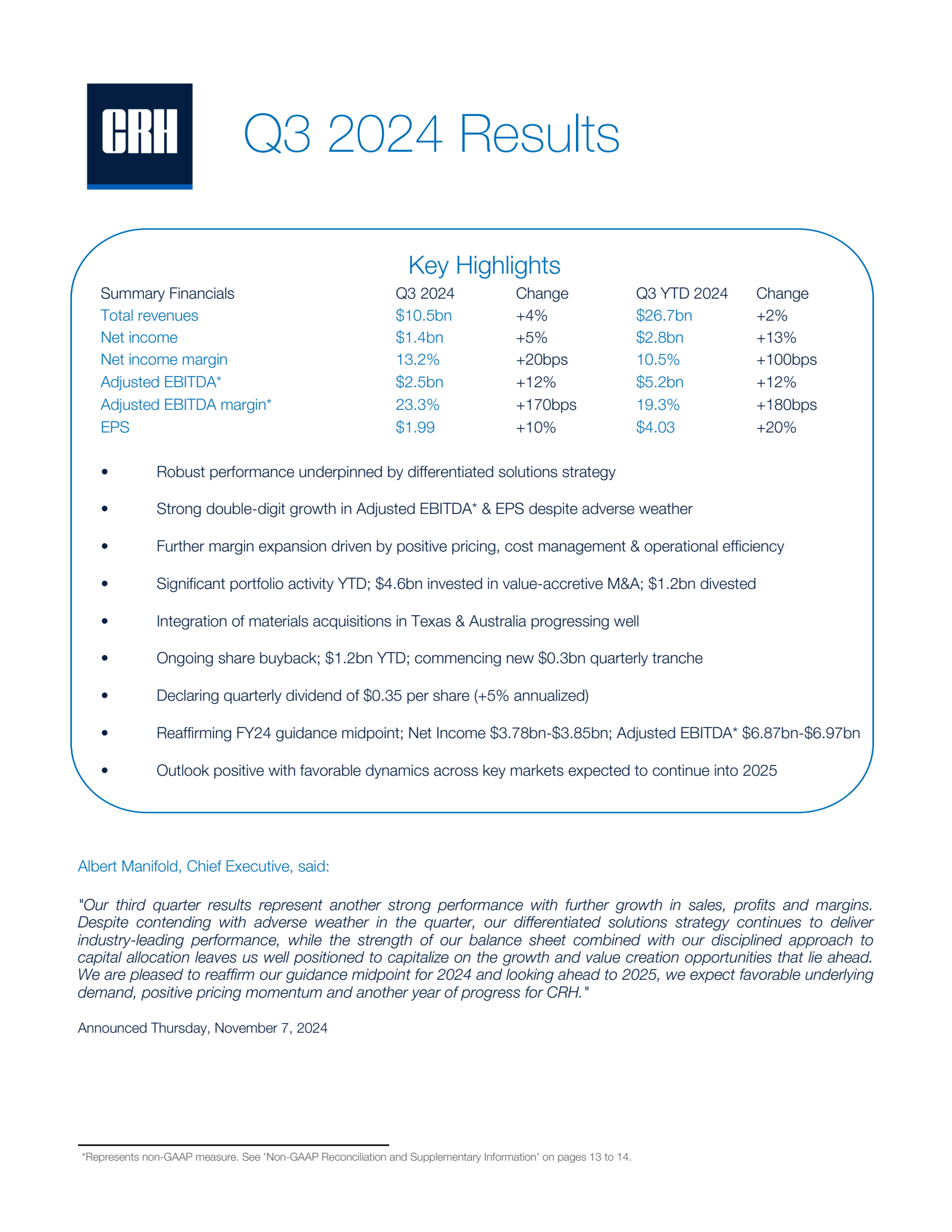 CRH's Q3 2024 TU Interim report