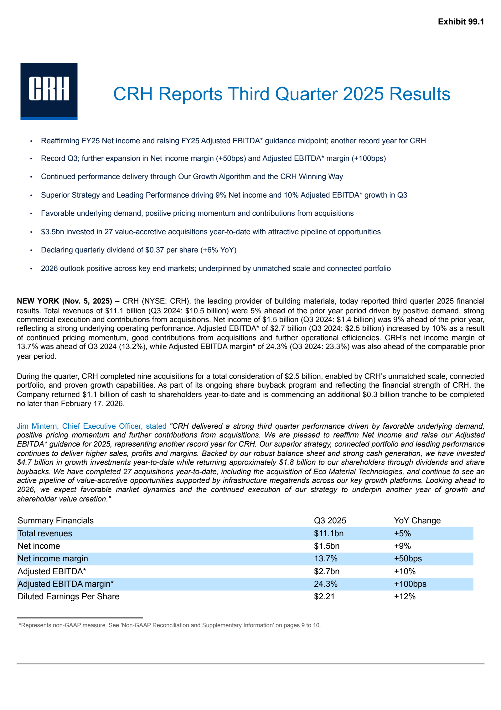CRH's Q3 2025 TU Earnings Release