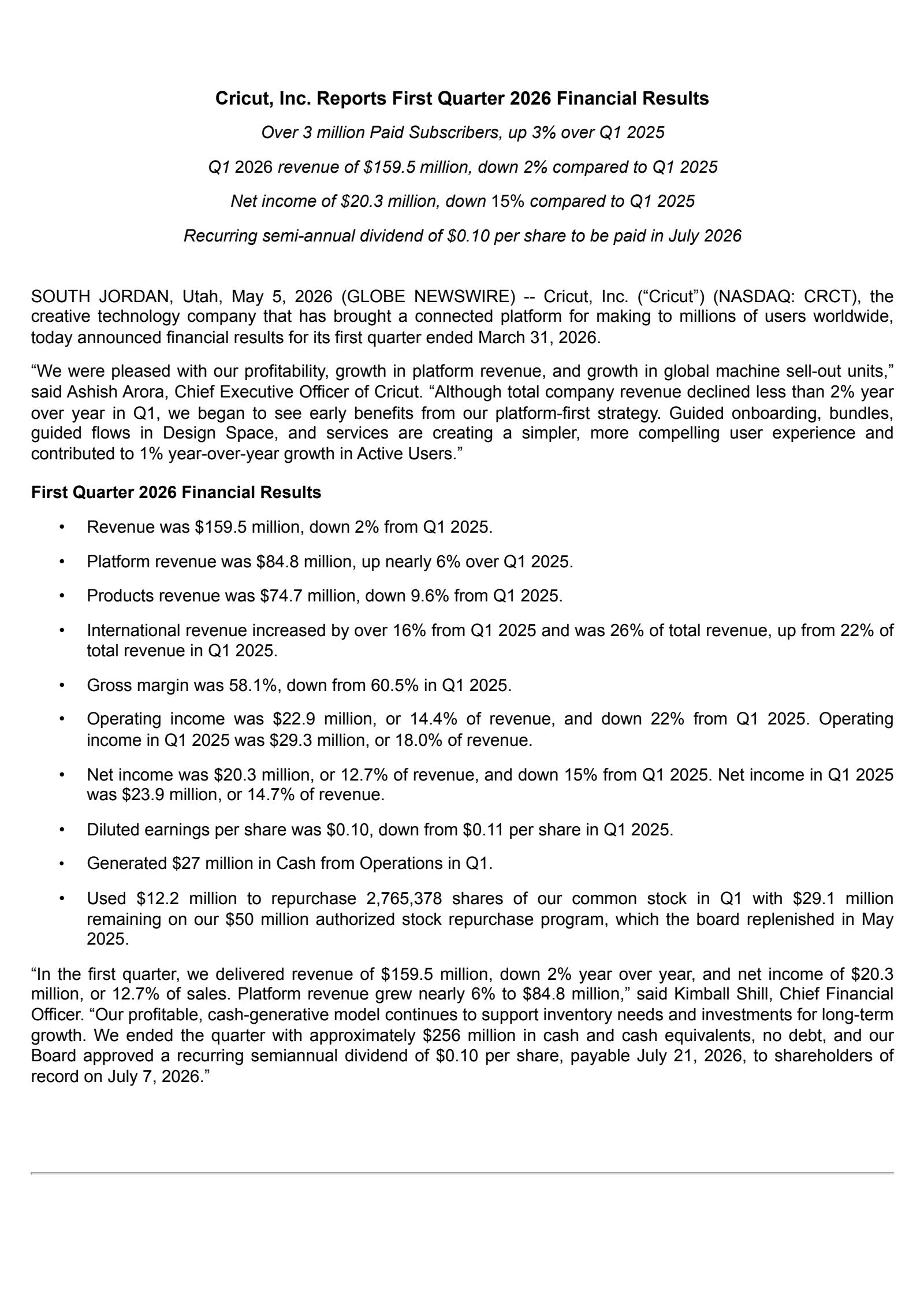 Cricut's Q1 2026 Press Release