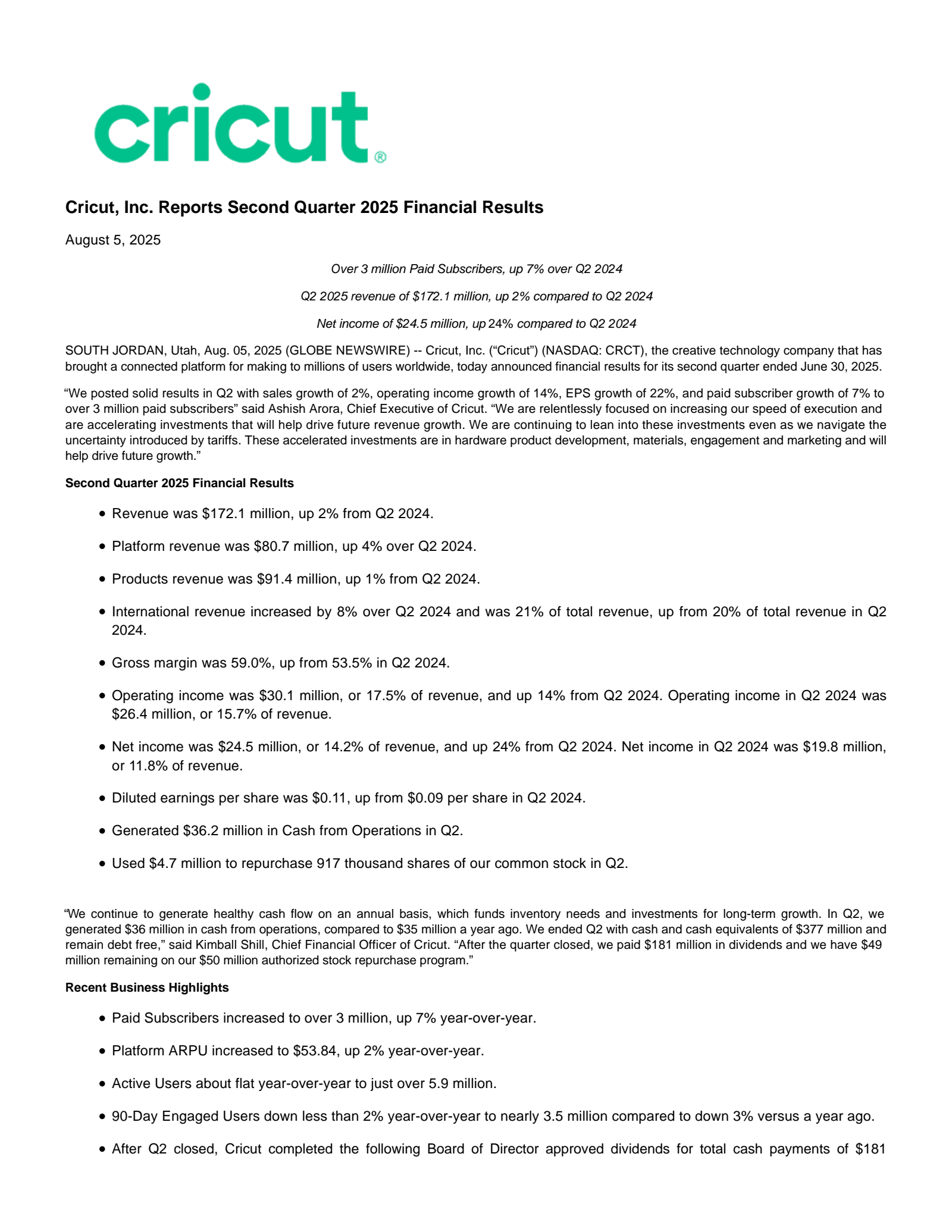 Cricut's Q2 2025 Press Release