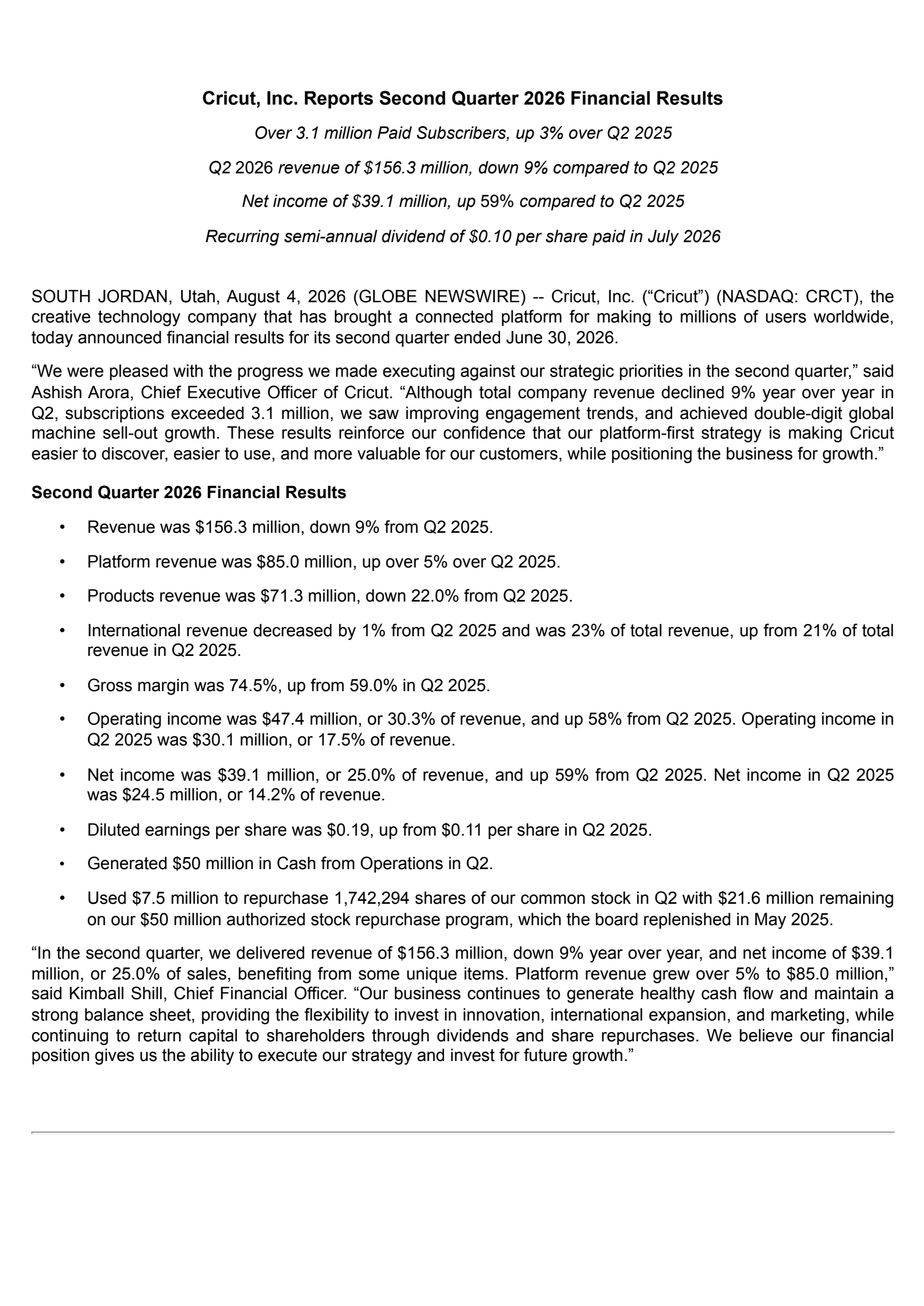 Cricut's Q2 2026 Press Release