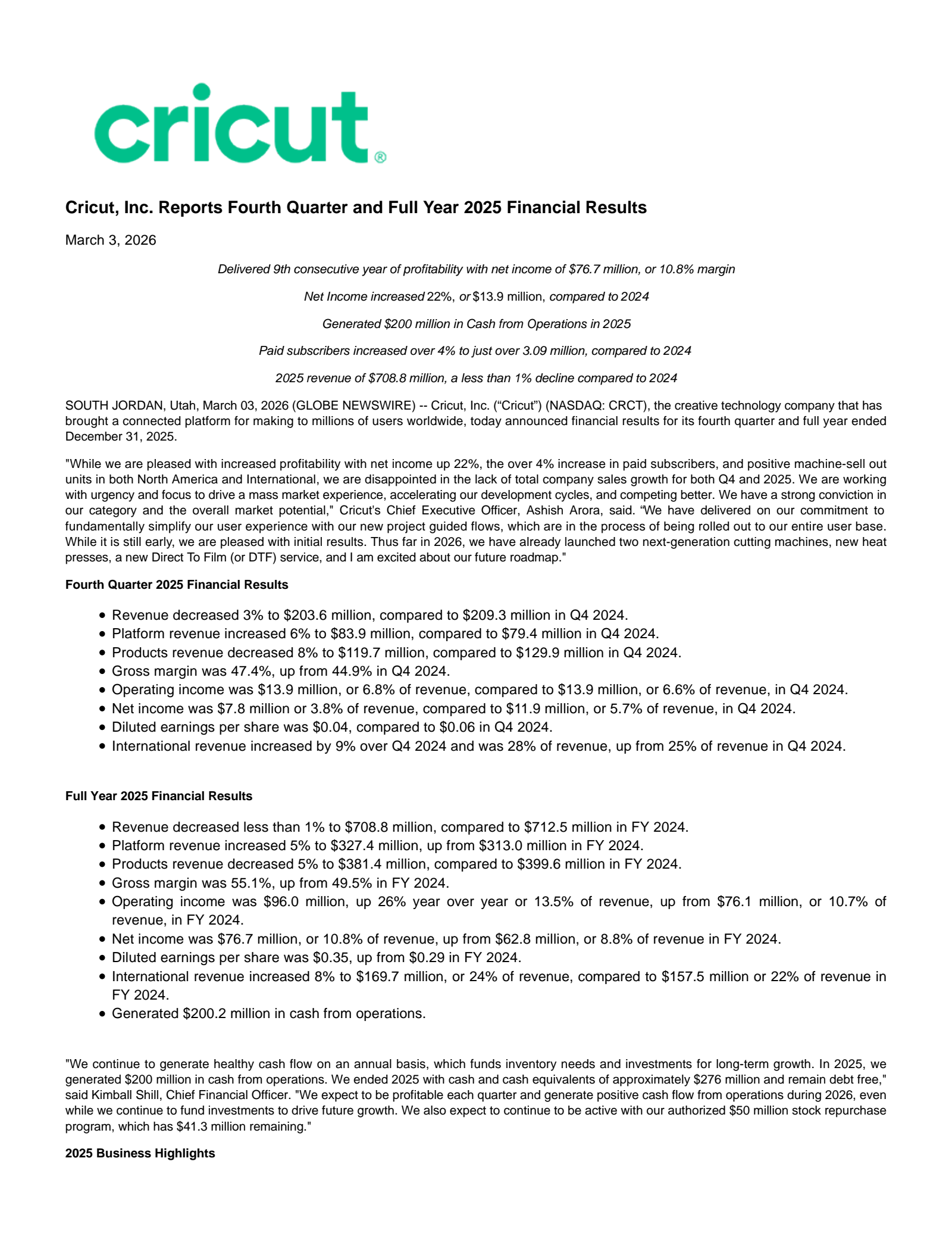 Cricut's Q4 2025 Press Release