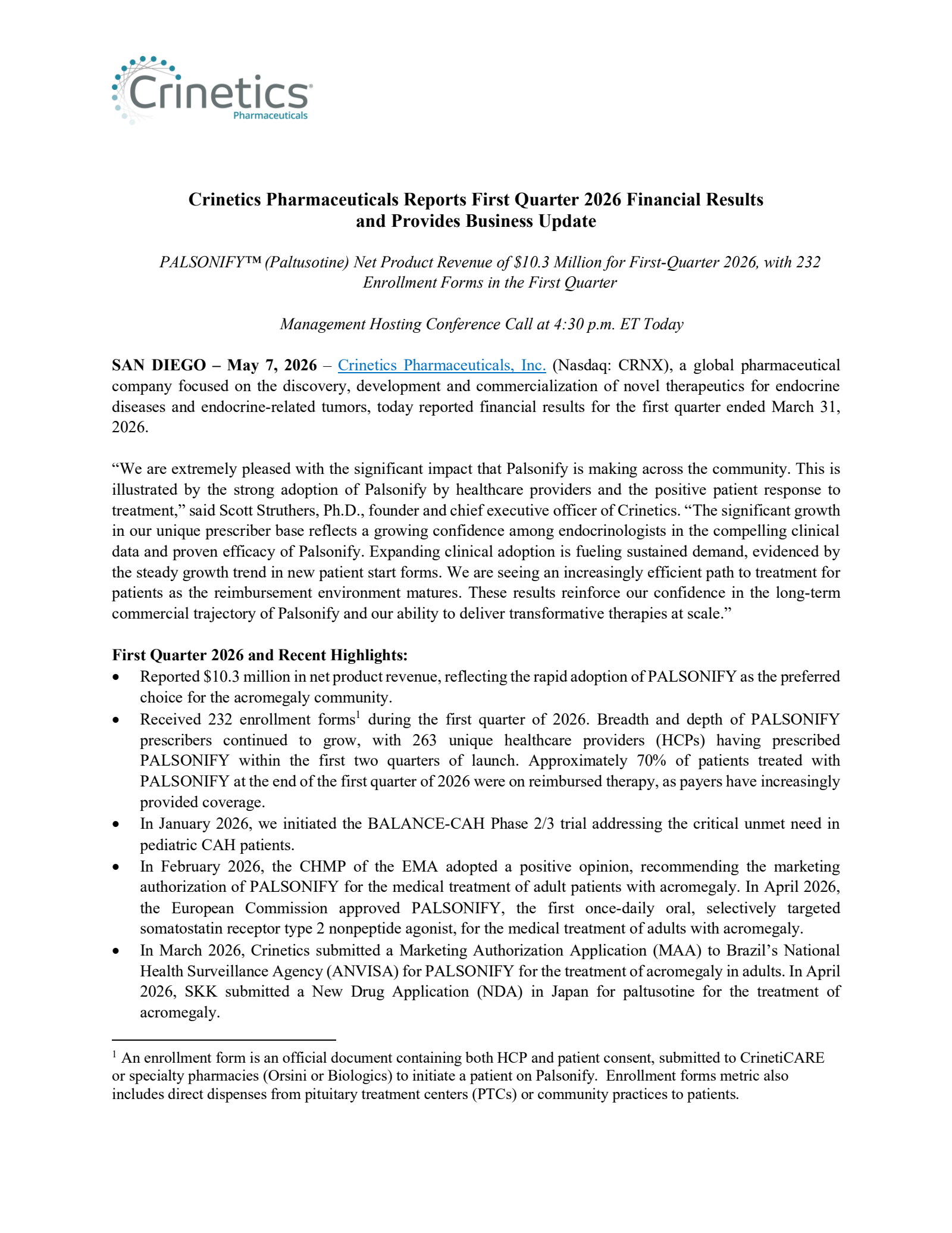 Crinetics Pharmaceuticals' Q1 2026 Press Release