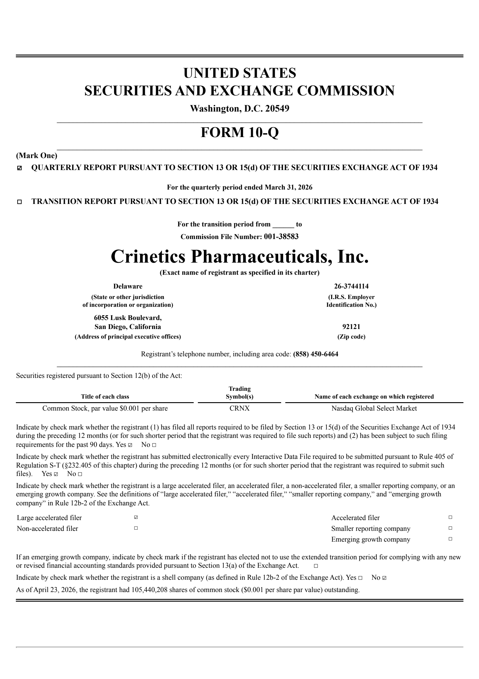 Crinetics Pharmaceuticals' Q1 2026 Quarterly report