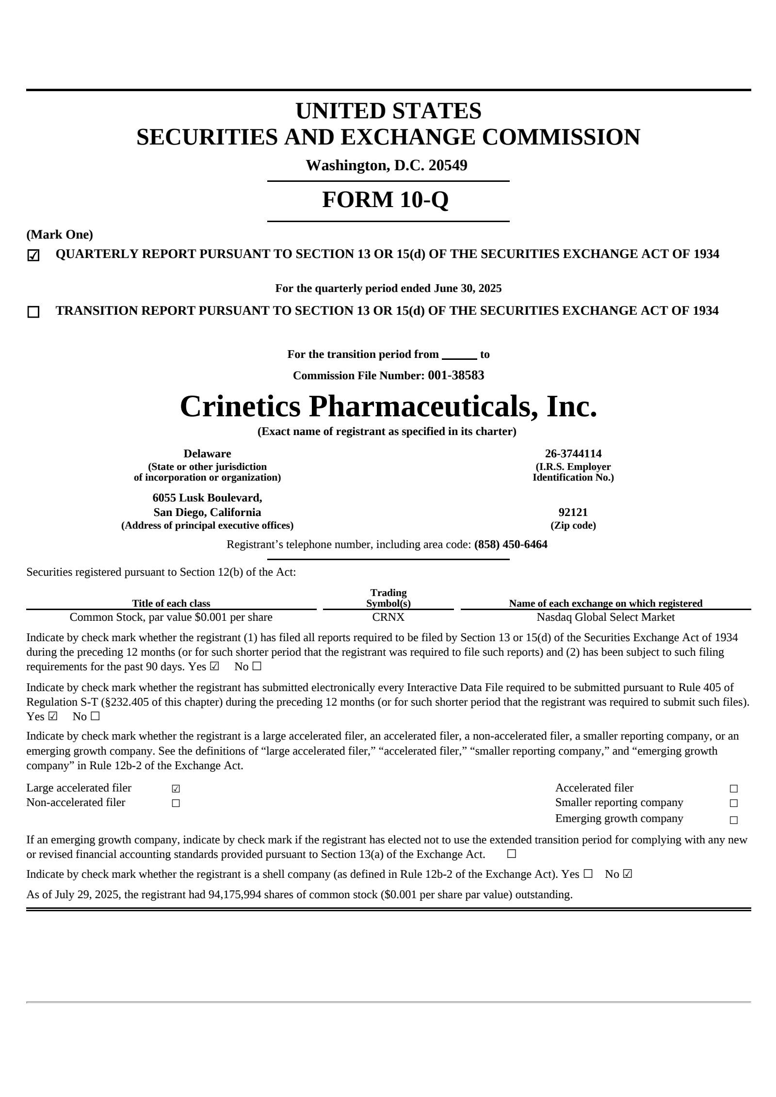 Crinetics Pharmaceuticals' Q2 2025 Quarterly report