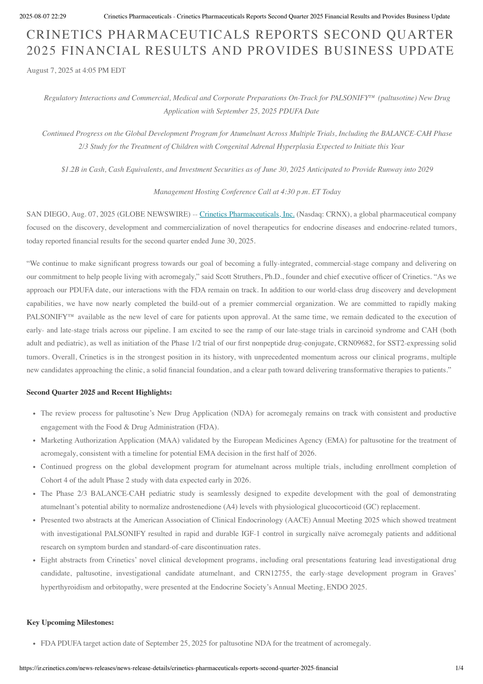 Crinetics Pharmaceuticals' Q2 2025 Press Release