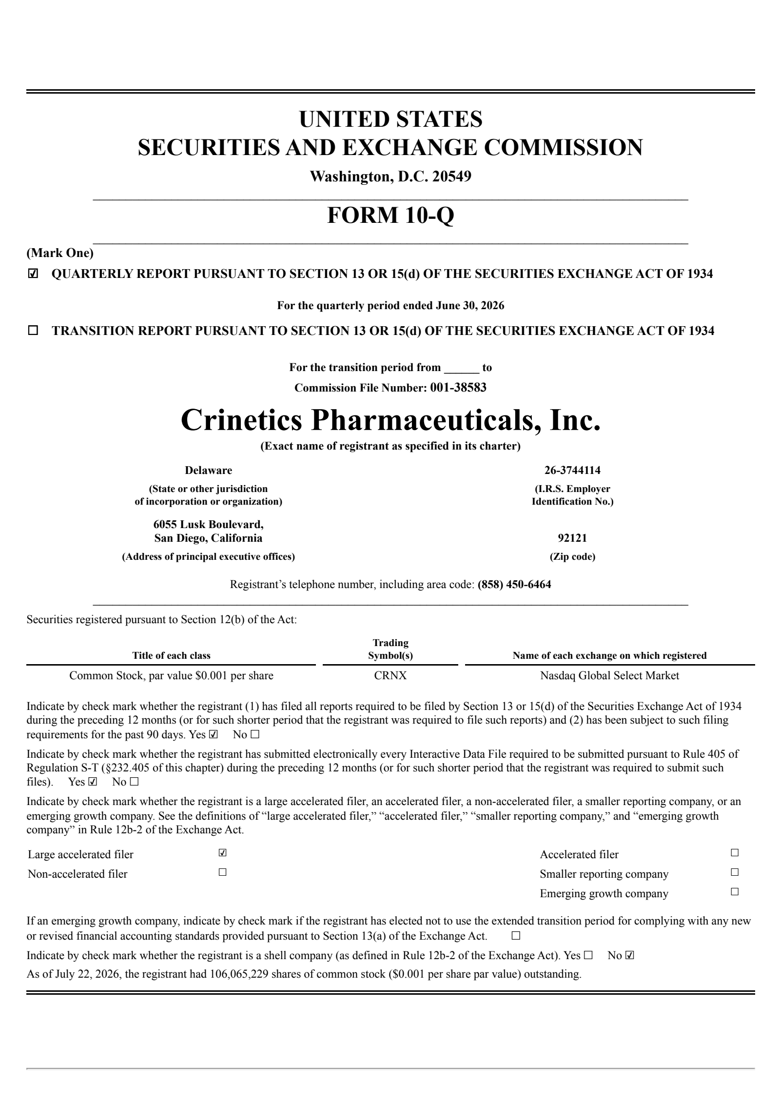 Crinetics Pharmaceuticals' Q2 2026 Quarterly report