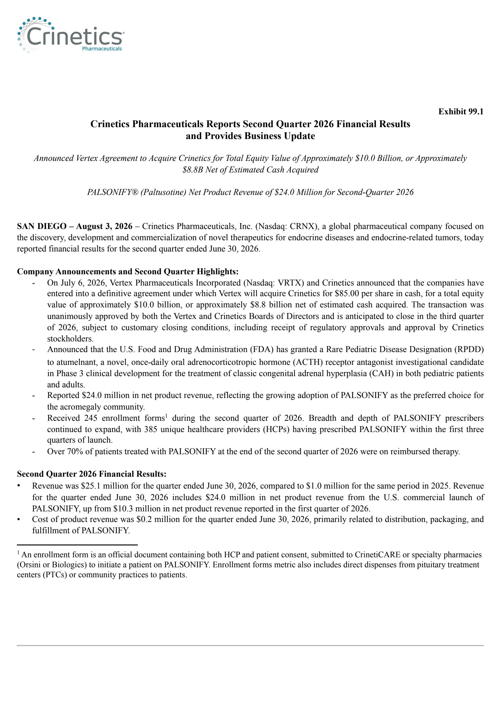 Crinetics Pharmaceuticals' Q2 2026 Press Release