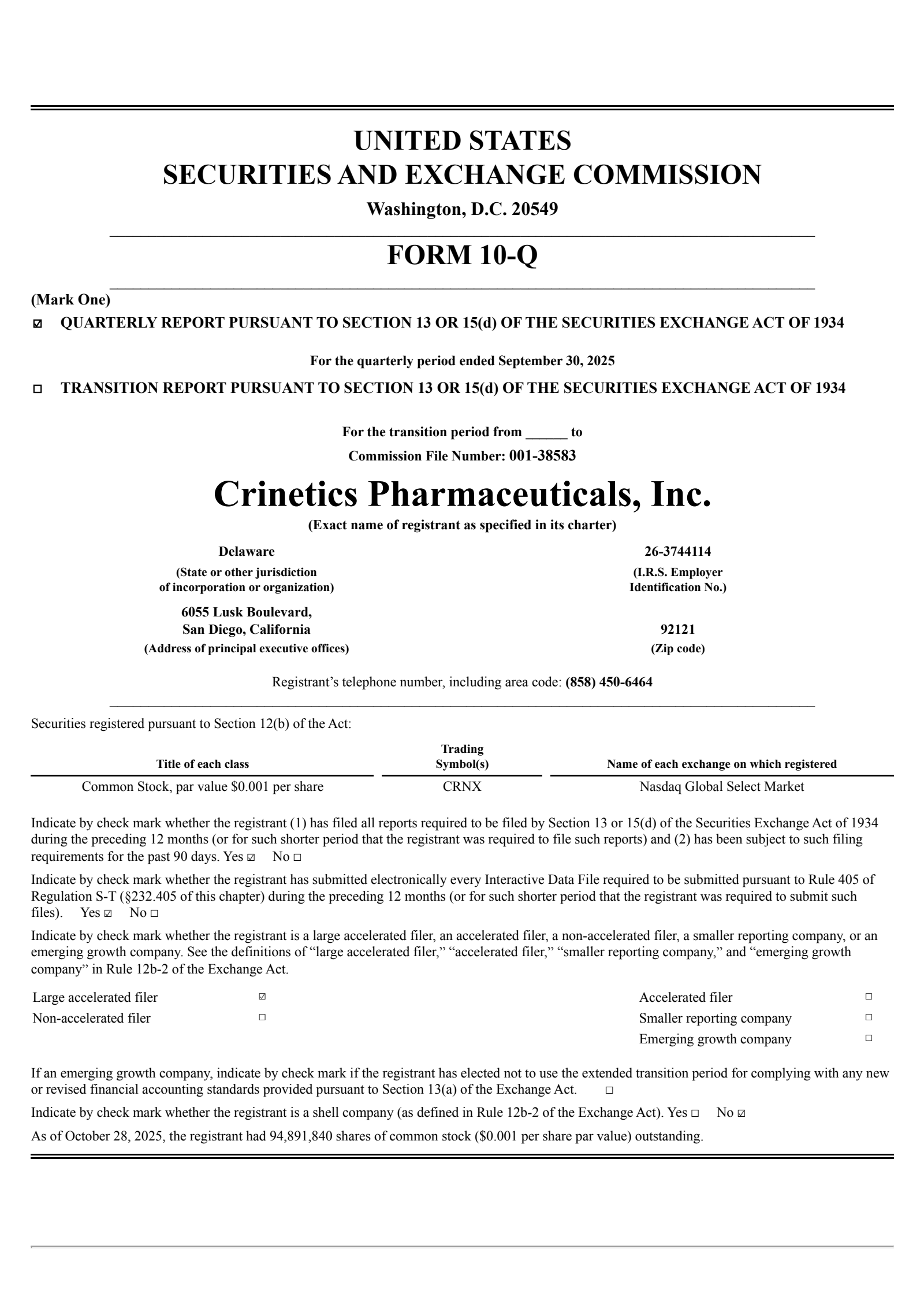 Crinetics Pharmaceuticals' Q3 2025 Quarterly Report