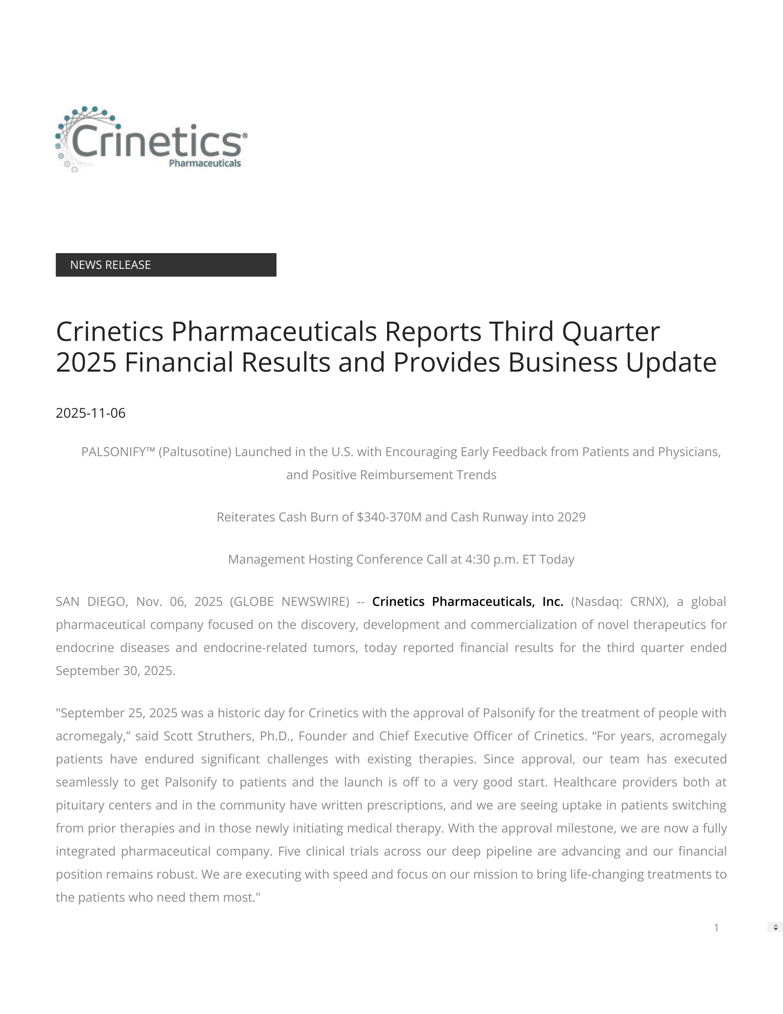 Crinetics Pharmaceuticals' Q3 2025 Earnings Release