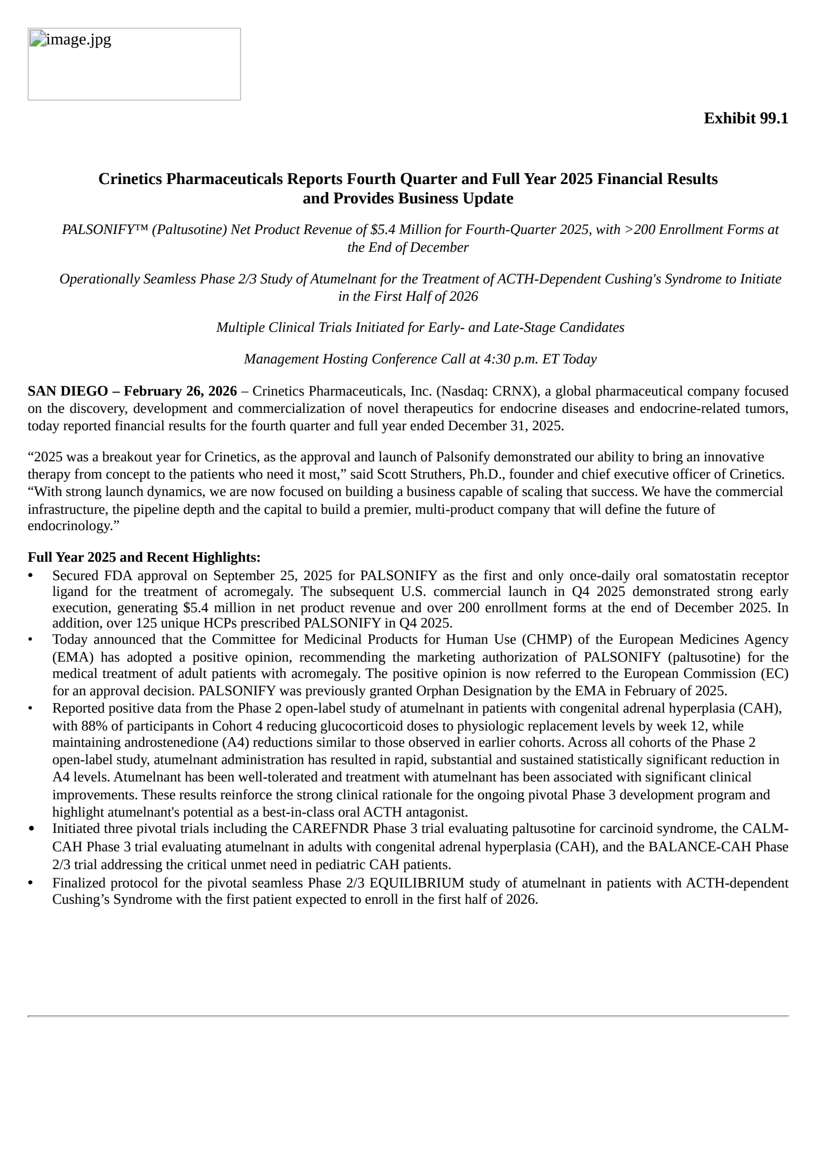 Crinetics Pharmaceuticals' Q4 2025 Press Release