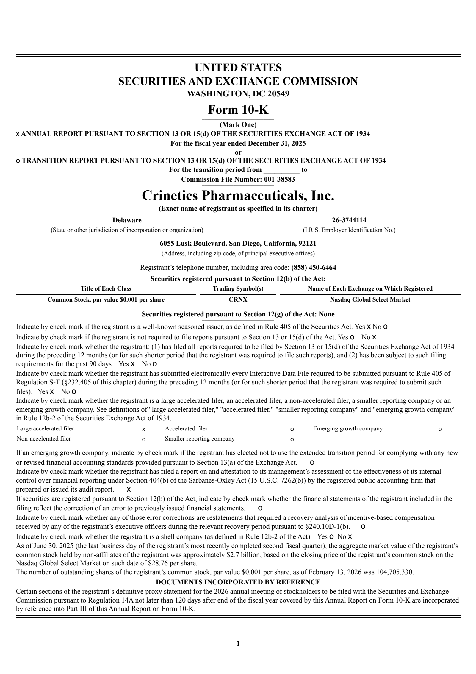 Crinetics Pharmaceuticals' Q4 2025 Annual report