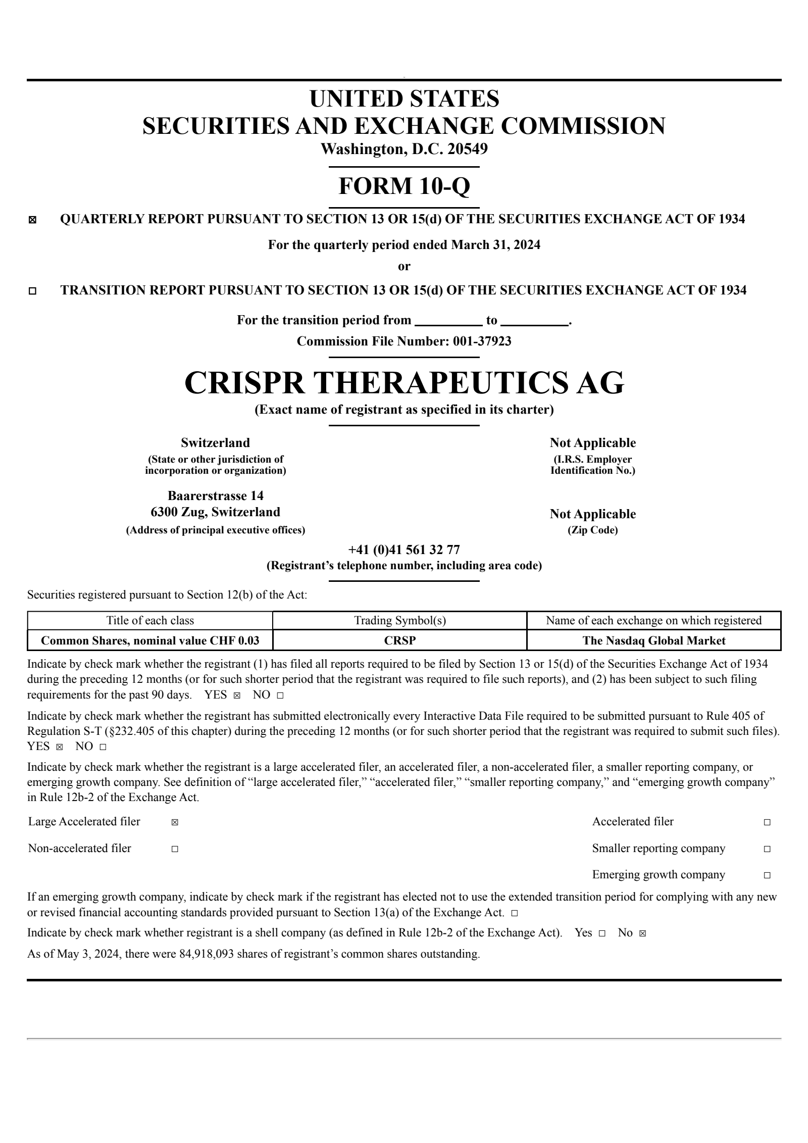 CRISPR Therapeutics' Q1 2024 Quarterly report
