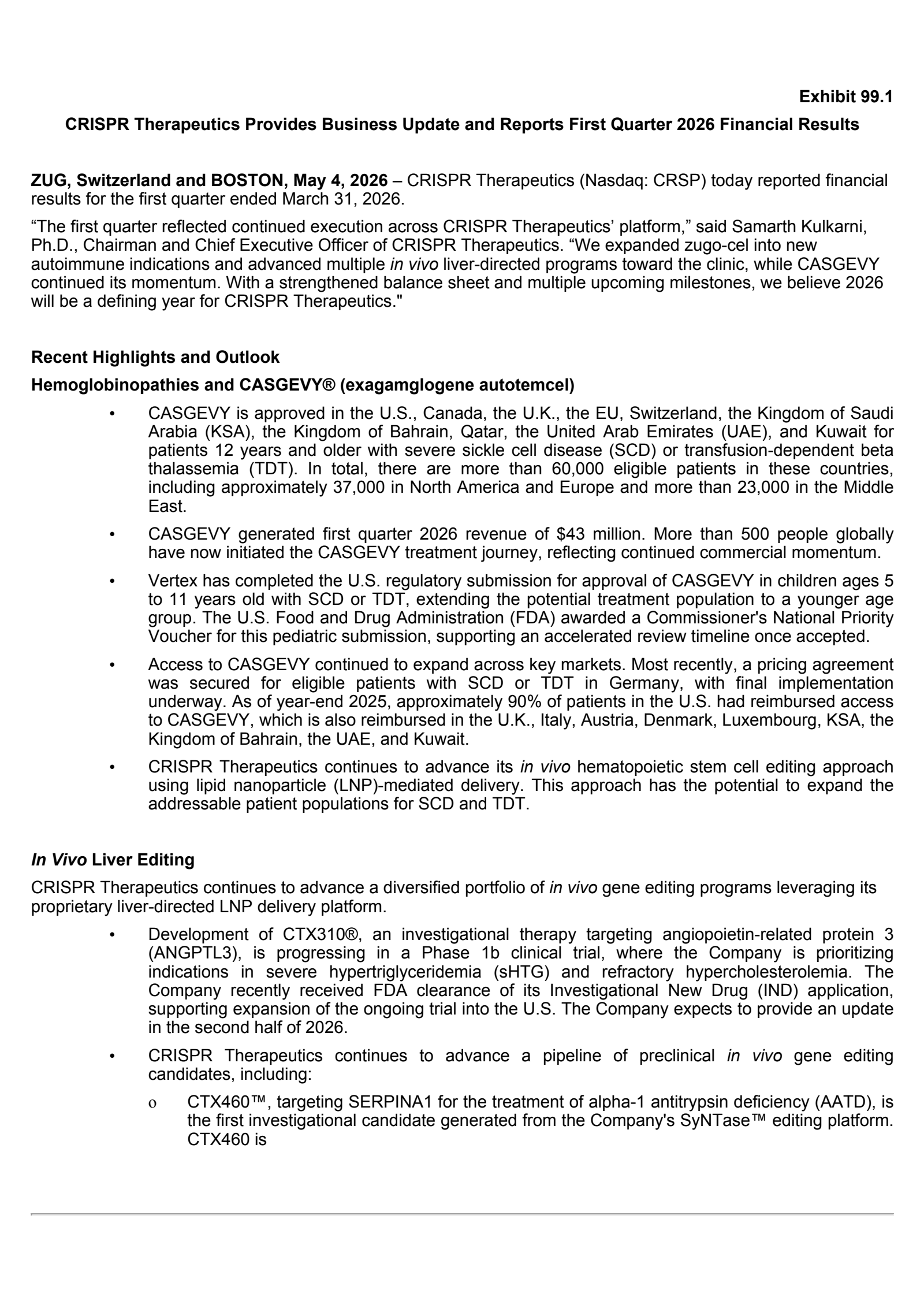 CRISPR Therapeutics' Q1 2026 Press Release