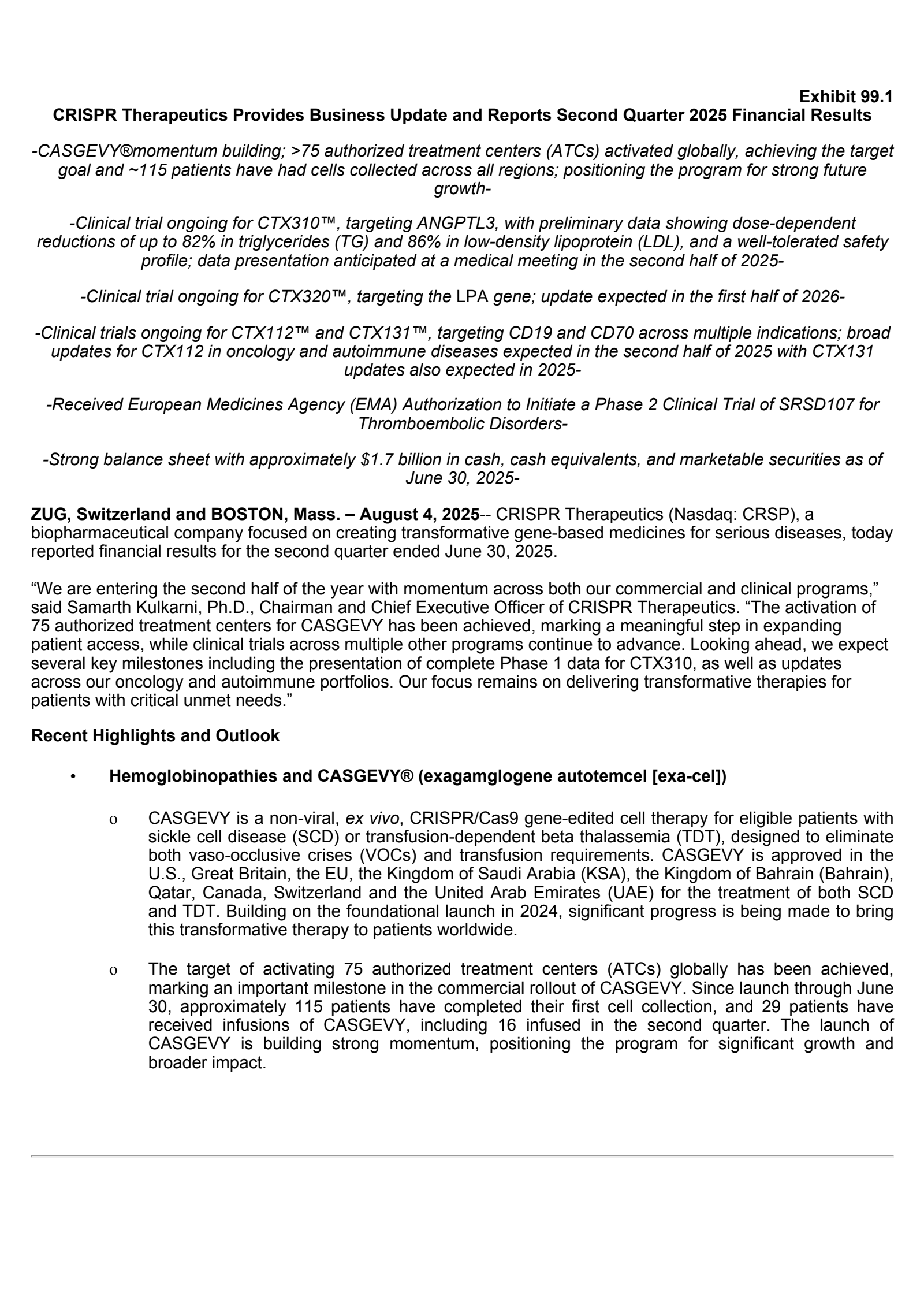 CRISPR Therapeutics' Q2 2025 Press Release