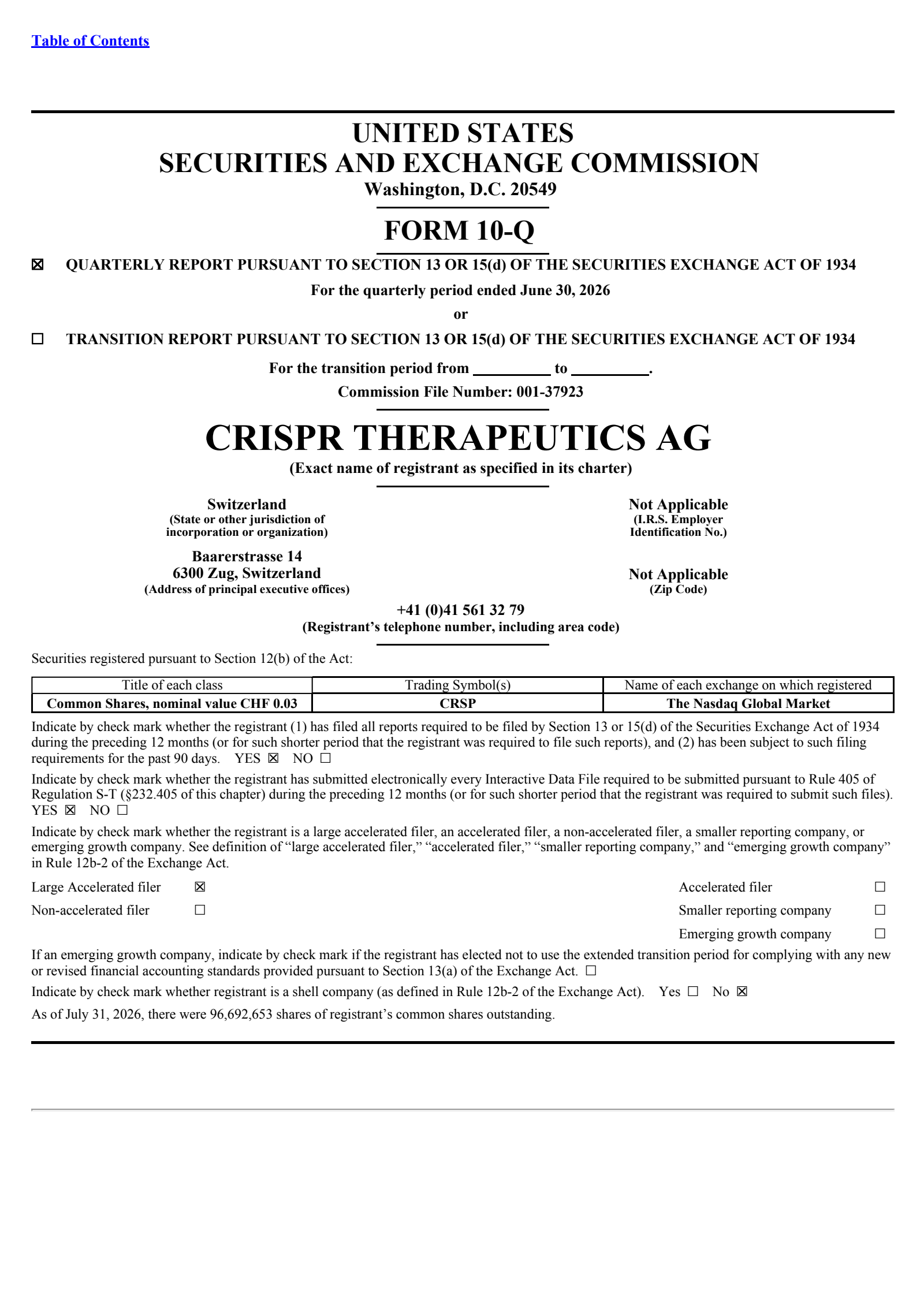CRISPR Therapeutics' Q2 2026 Quarterly report