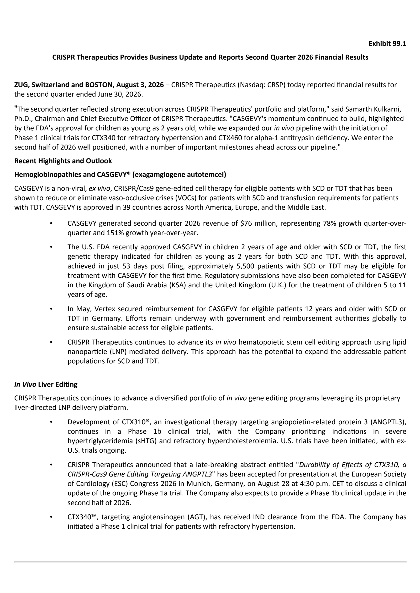 CRISPR Therapeutics' Q2 2026 Press Release