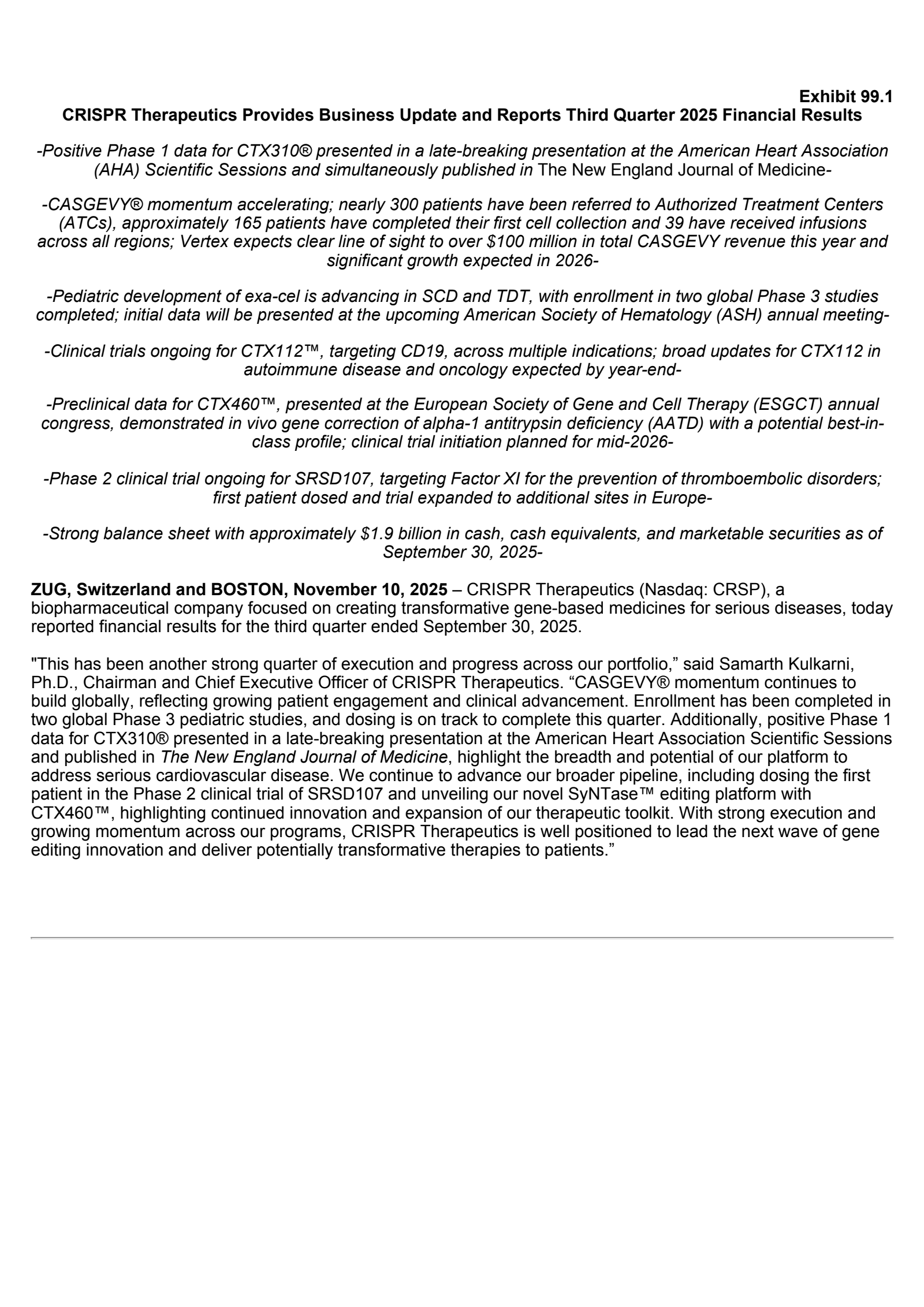 CRISPR Therapeutics' Q3 2025 Earnings Release