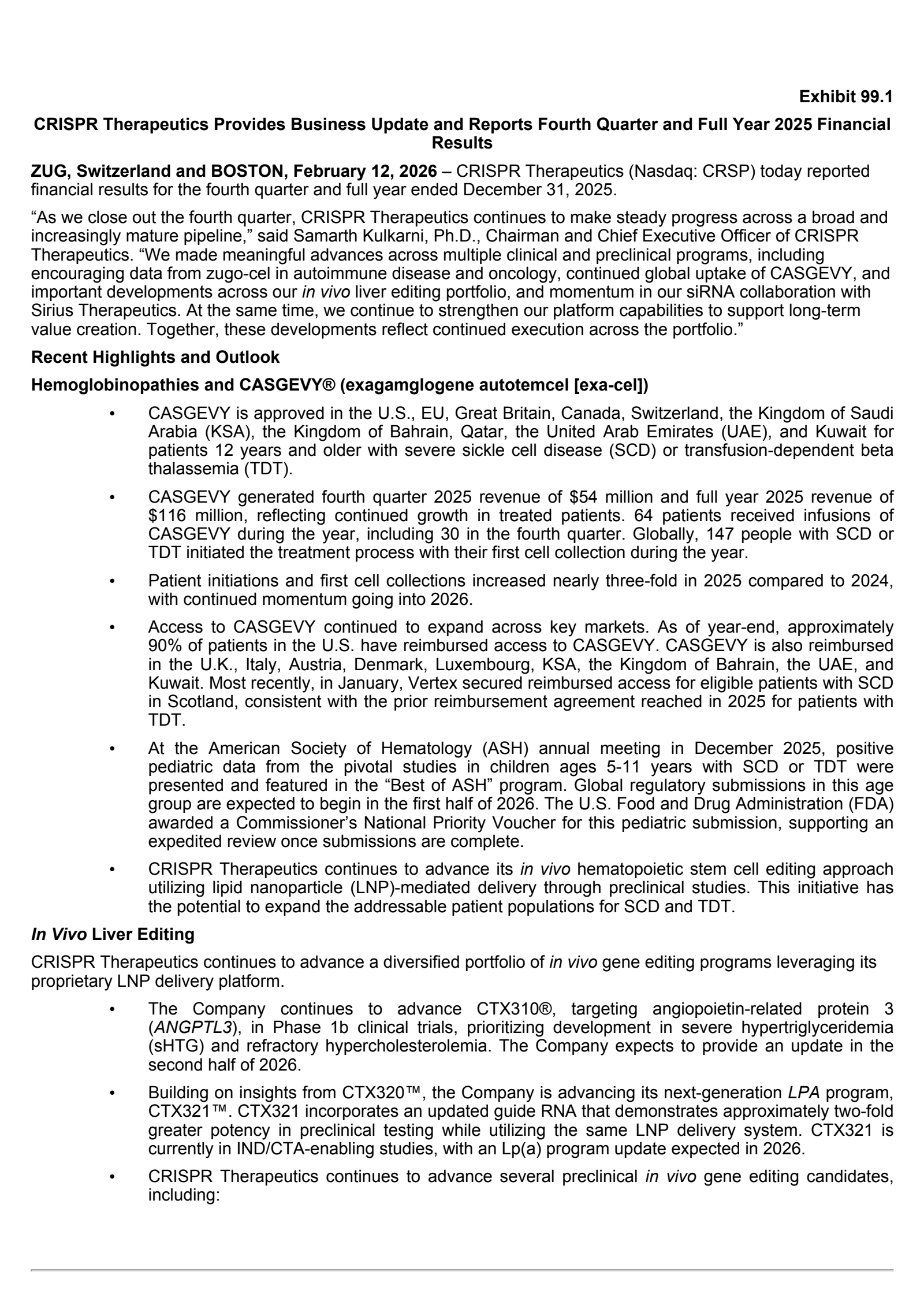 CRISPR Therapeutics' Q4 2025 Press Release