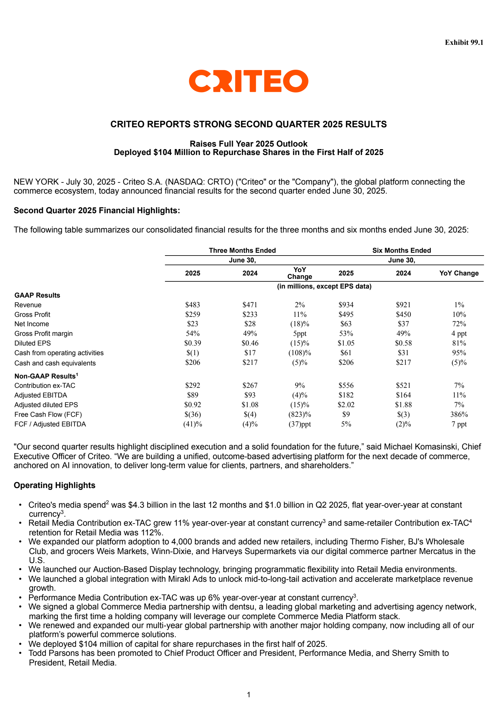 Criteo's Q2 2025 Press Release