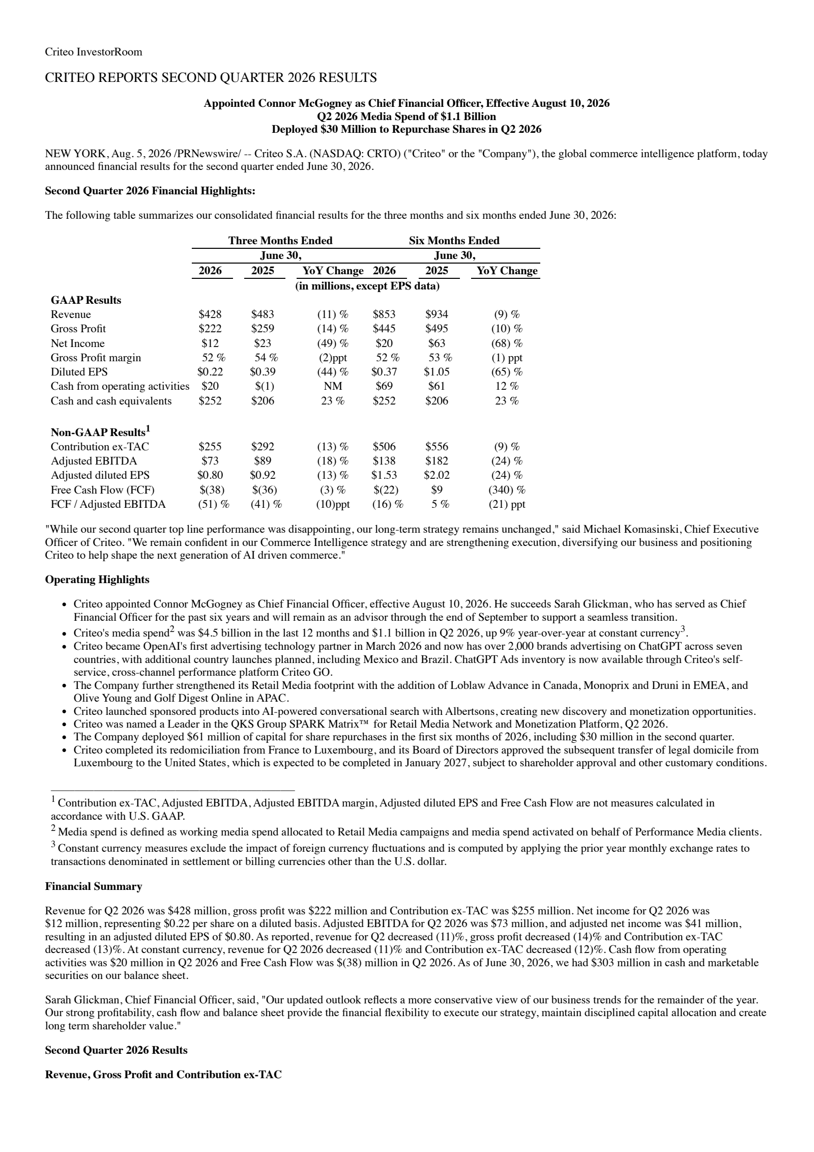 Criteo's Q2 2026 Press Release
