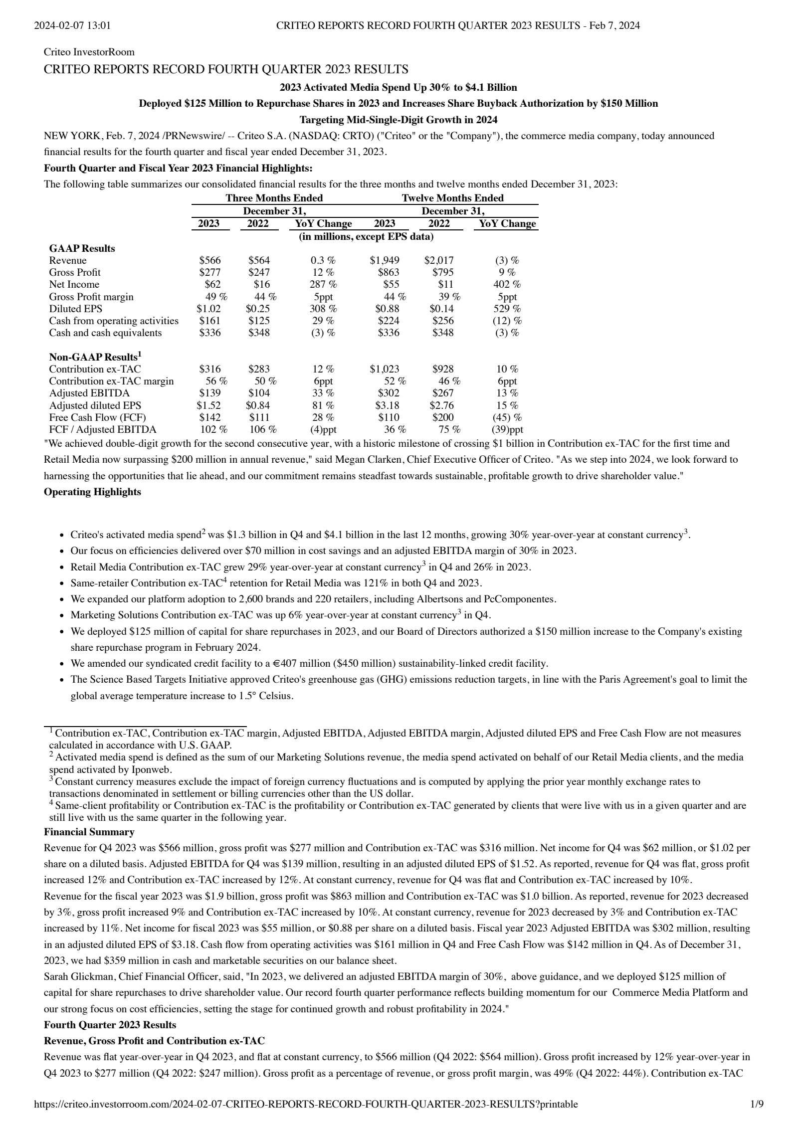 Criteo's Q4 2023 Press Release