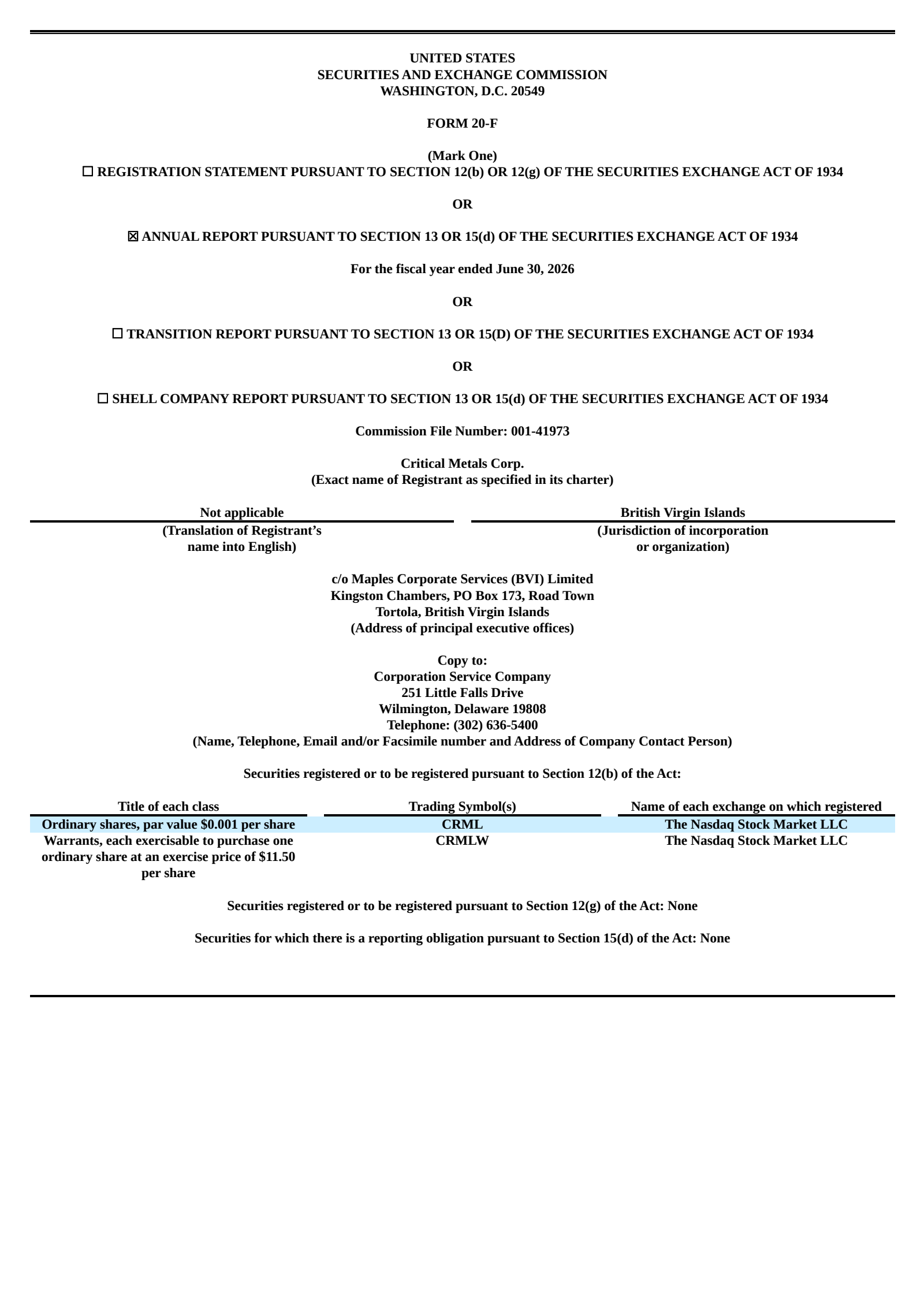 Critical Metals' Q4 2026 Annual report
